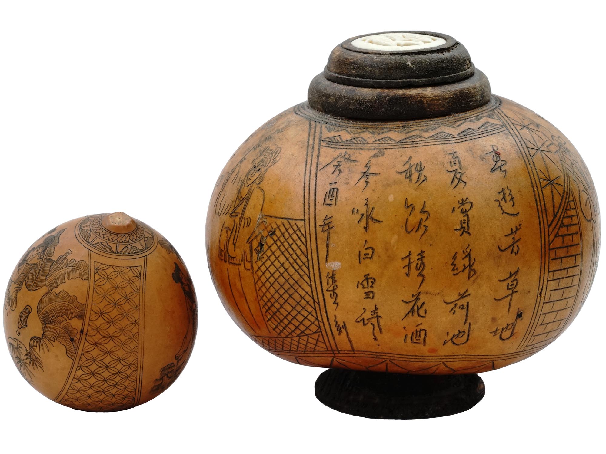 ANTIQUE CHINESE ETCHED GOURDS WITH CALLIGRAPHY PIC-2