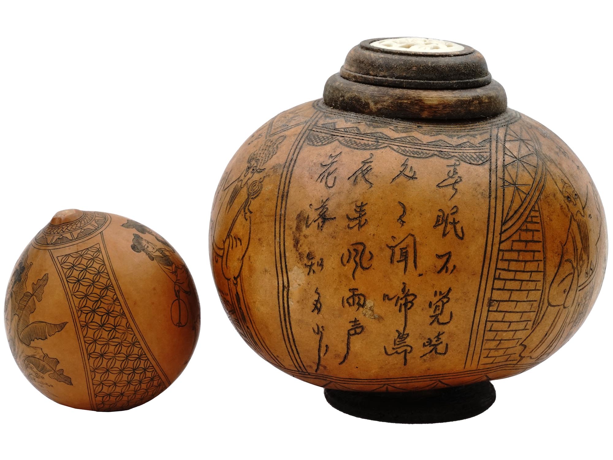 ANTIQUE CHINESE ETCHED GOURDS WITH CALLIGRAPHY PIC-4