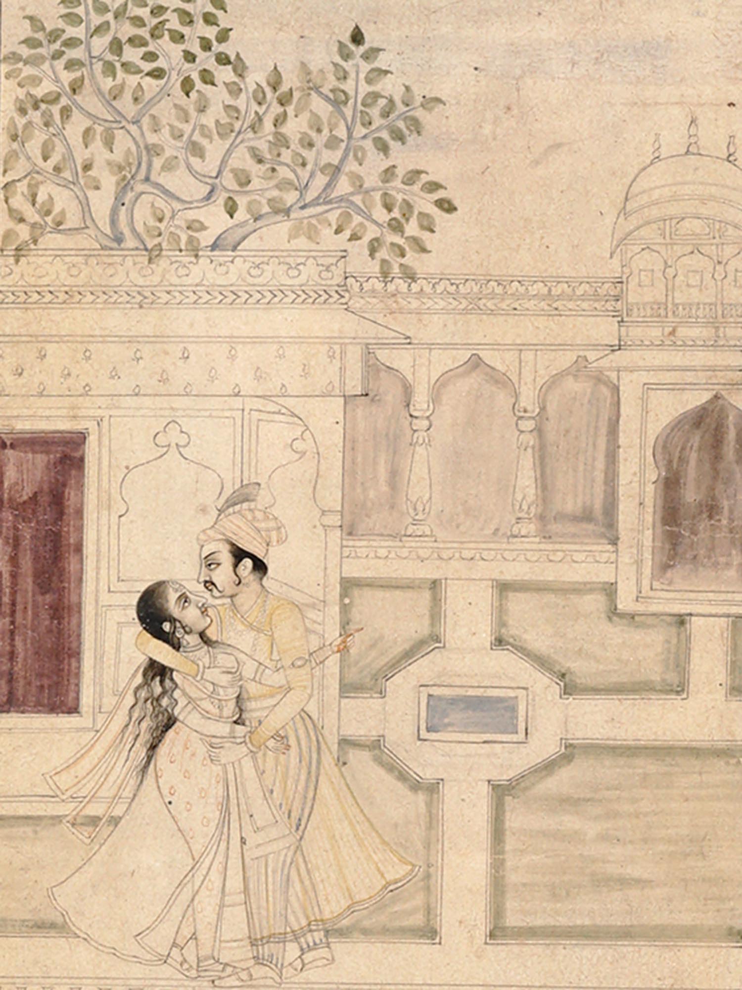 ANTIQUE INDO PERSIAN MUGHAL COUPLE SCENE PAINTING PIC-1