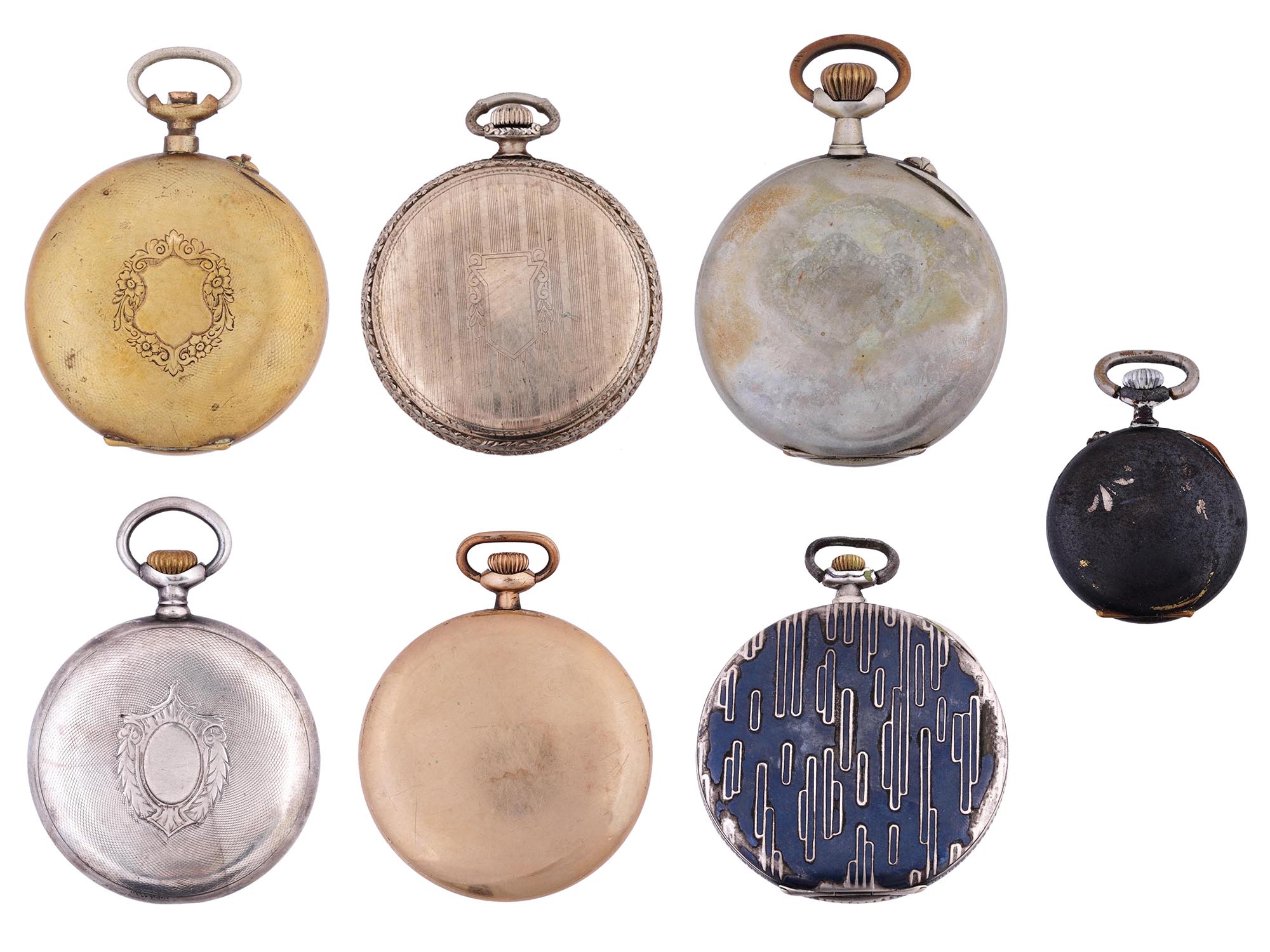 SEVEN ANTIQUE POCKET WATCHES IN DECORATED CASES PIC-1