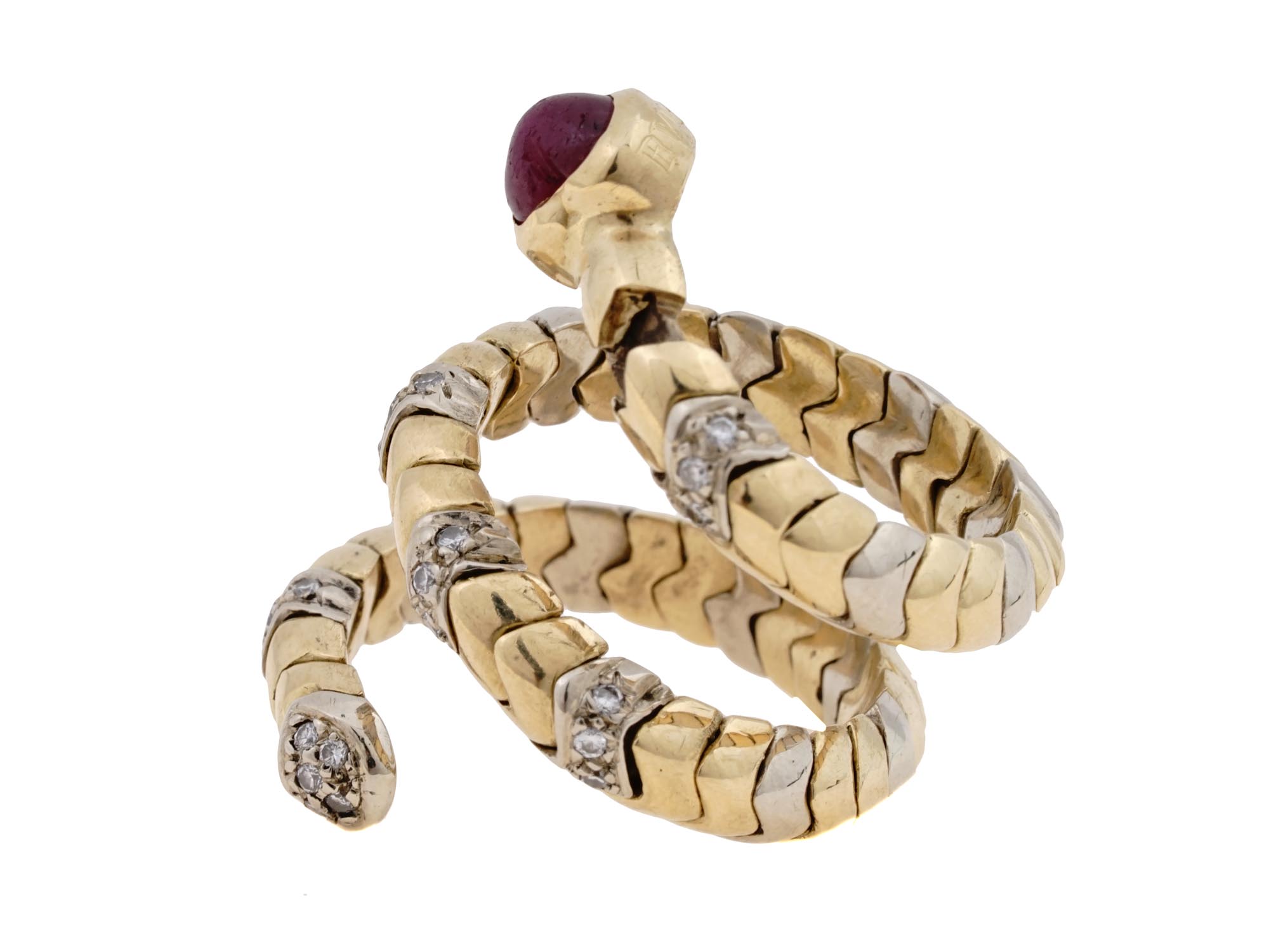 BVLGARI TUBOGAS 18K GOLD DIAMONDS RUBY SNAKE RING PIC-4