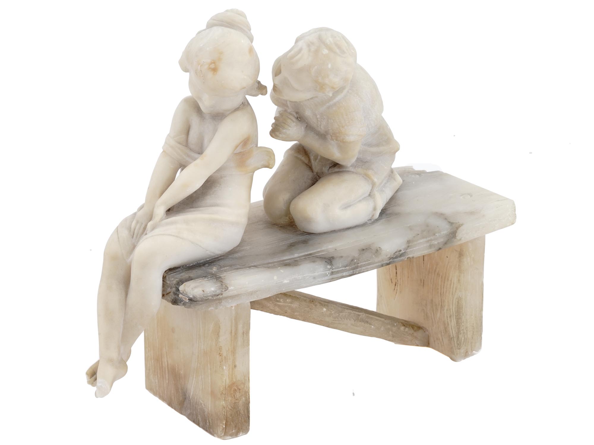 ITALIAN ALABASTER SCULPTURE CHILDREN ON A BENCH PIC-