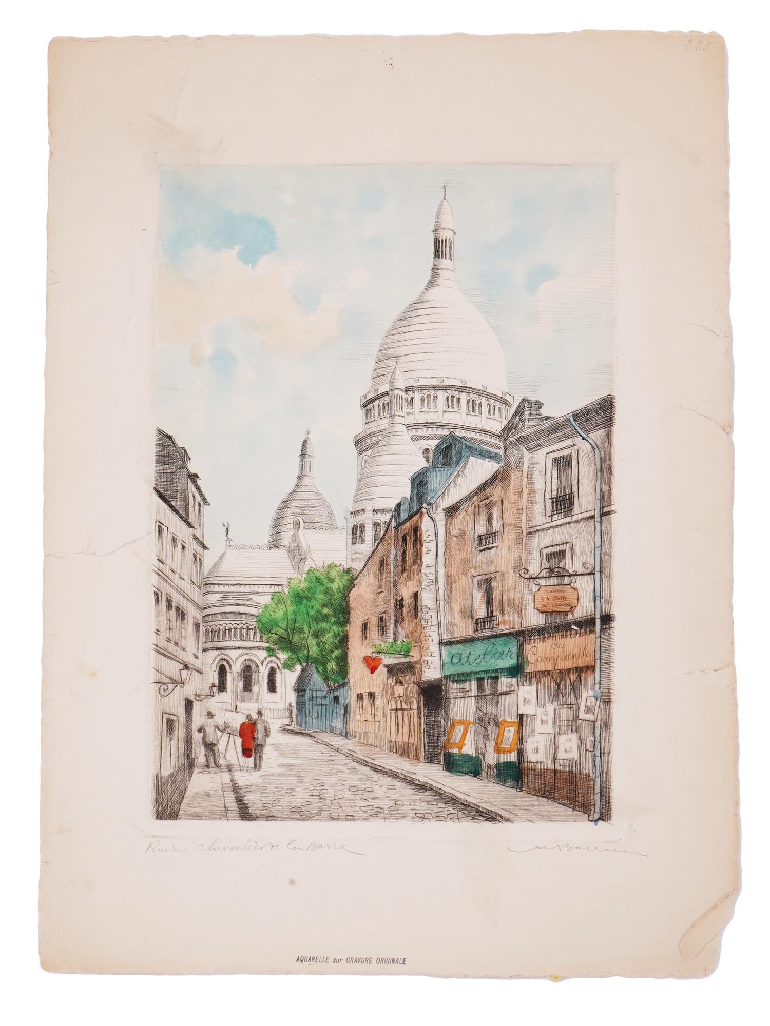 MIDCENT VIEW OF PARIS HAND COLORED ETCHING SIGNED PIC-0