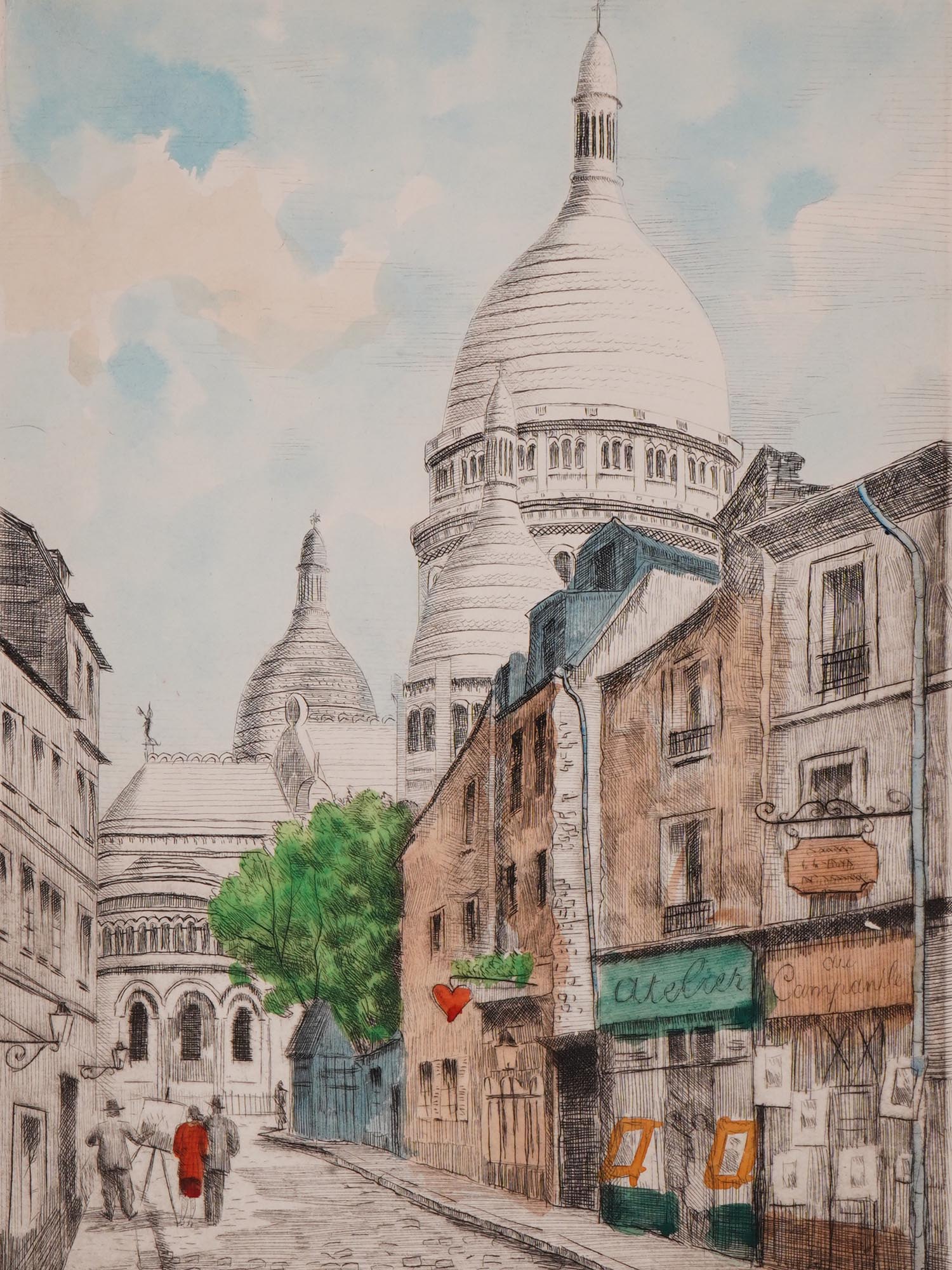 MIDCENT VIEW OF PARIS HAND COLORED ETCHING SIGNED PIC-1