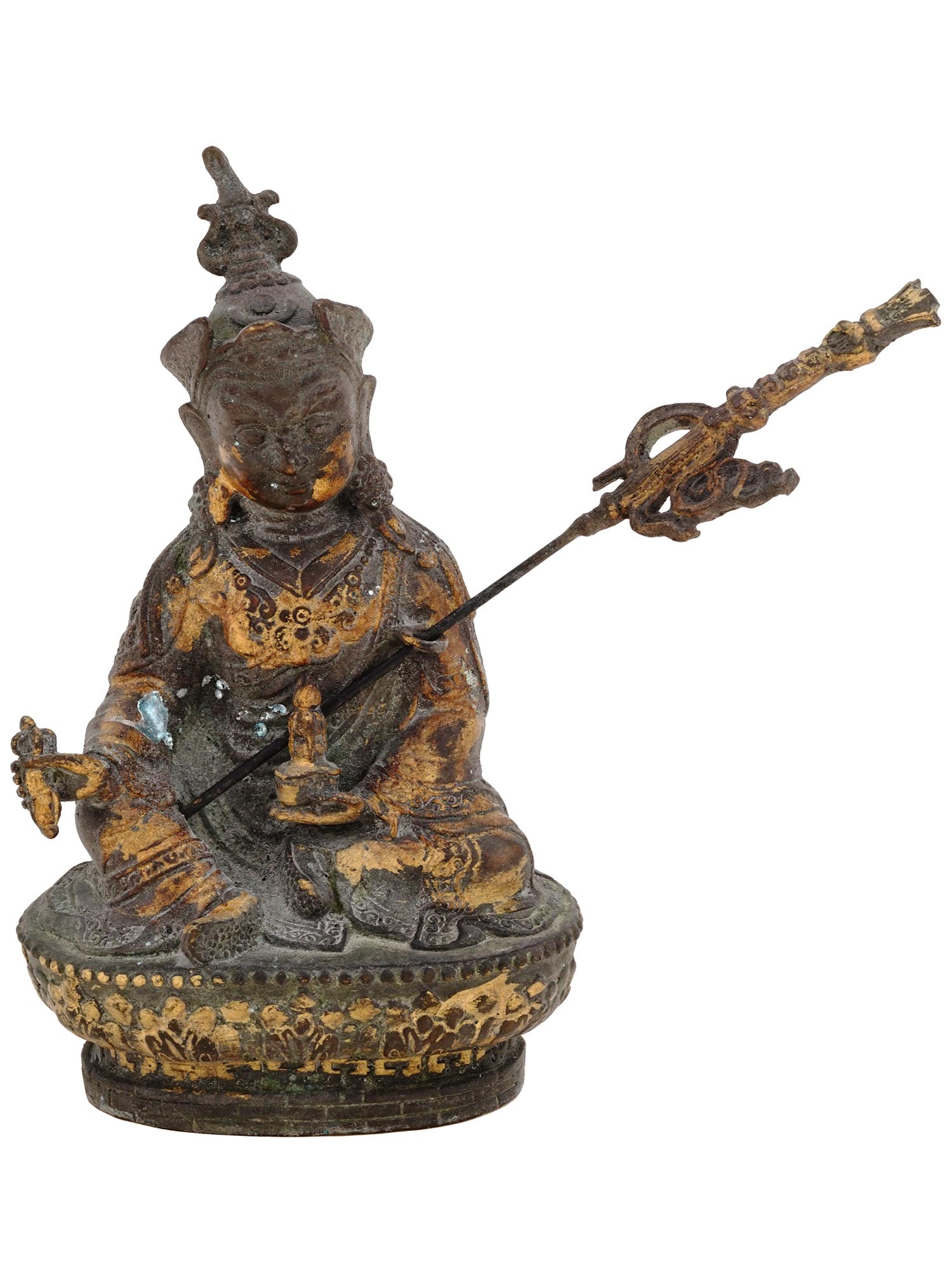 ANTIQUE GILT BRONZE GURU PADMASAMBHAVA BUDDHA STATUE PIC-0