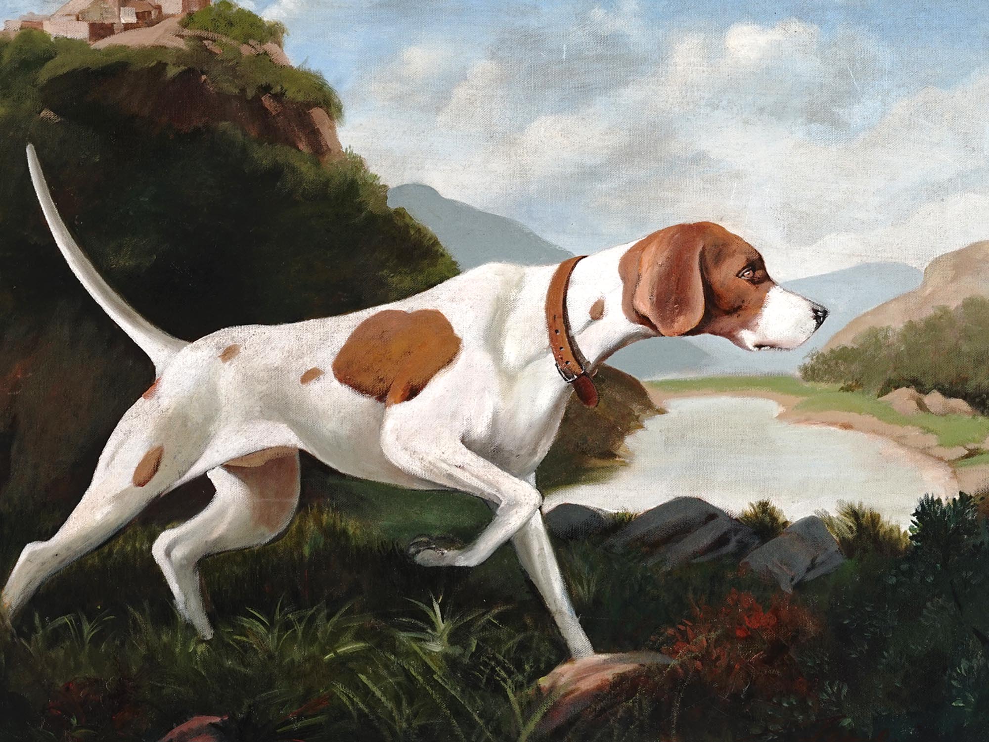 MID CENT ENGLISH HUNTING DOG OIL PAINTING SIGNED PIC-1