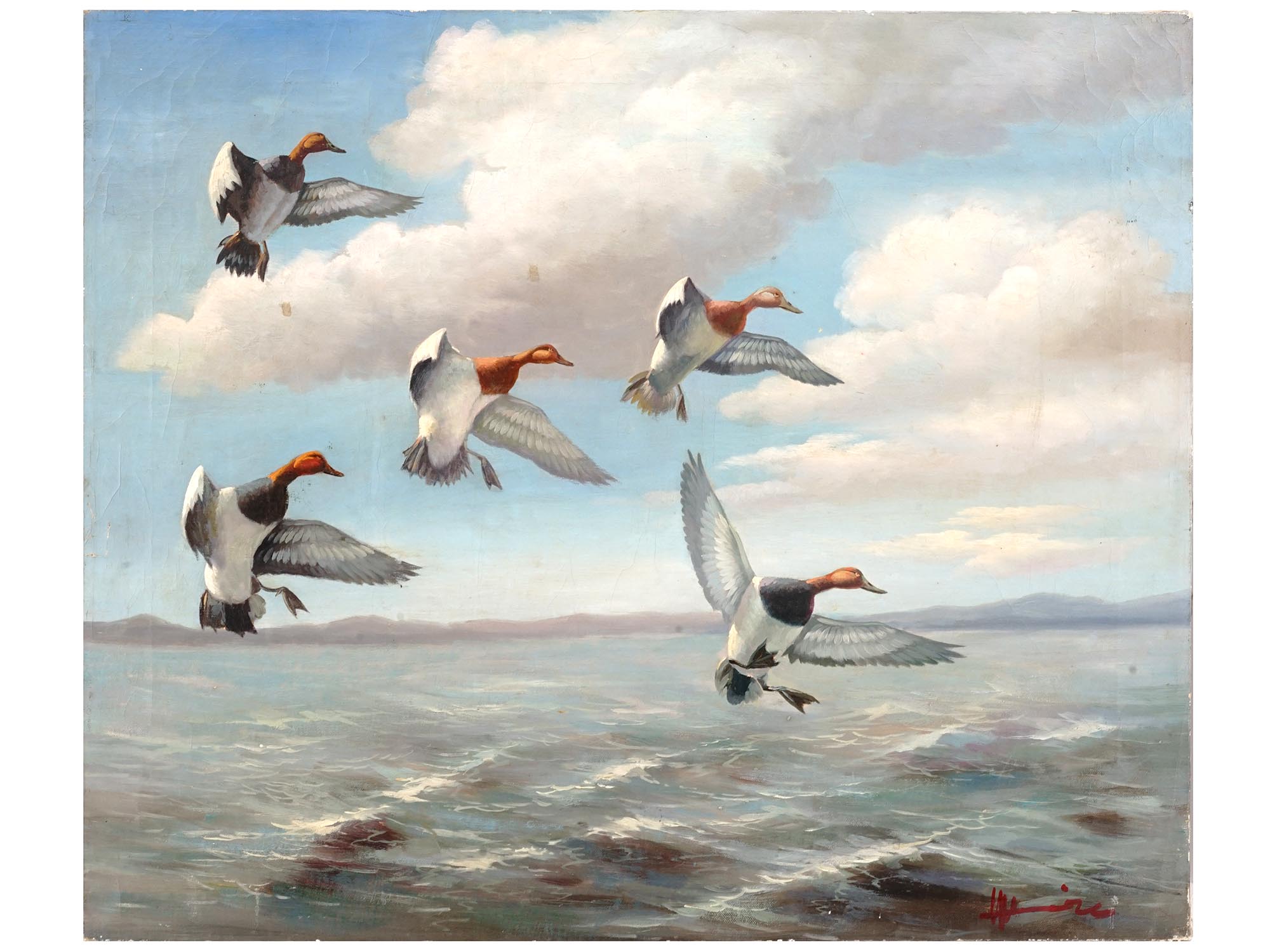 MID CENT SEASCAPE WITH DUCKS OIL PAINTING SIGNED PIC-0