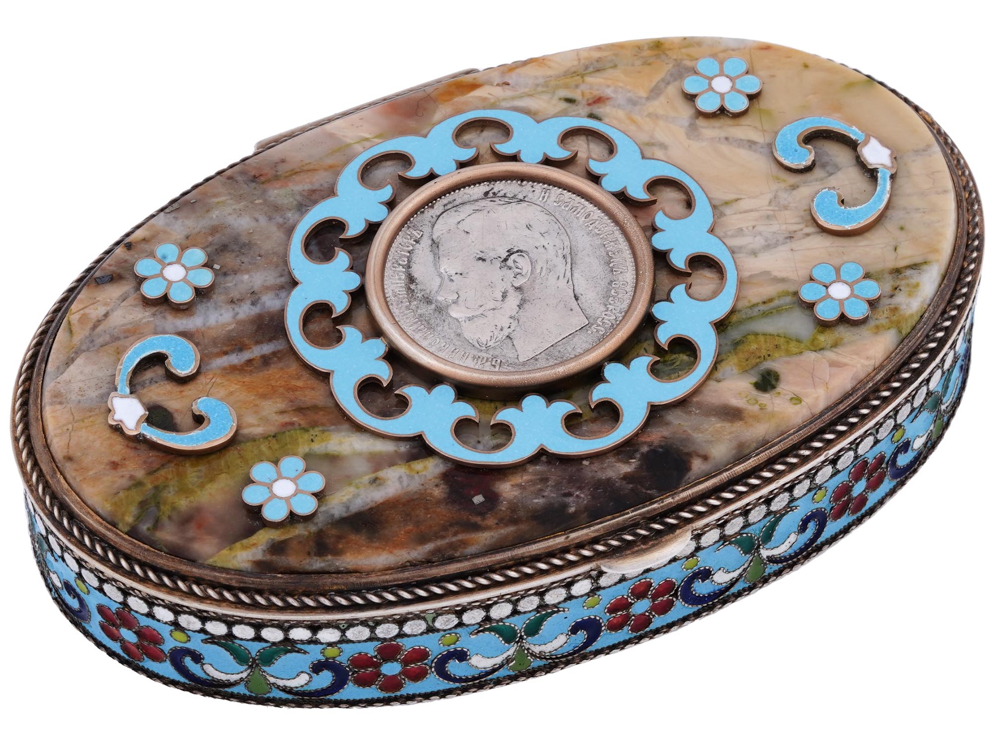 RUSSIAN GILT SILVER ENAMEL TRINKET BOX WITH COIN PIC-0