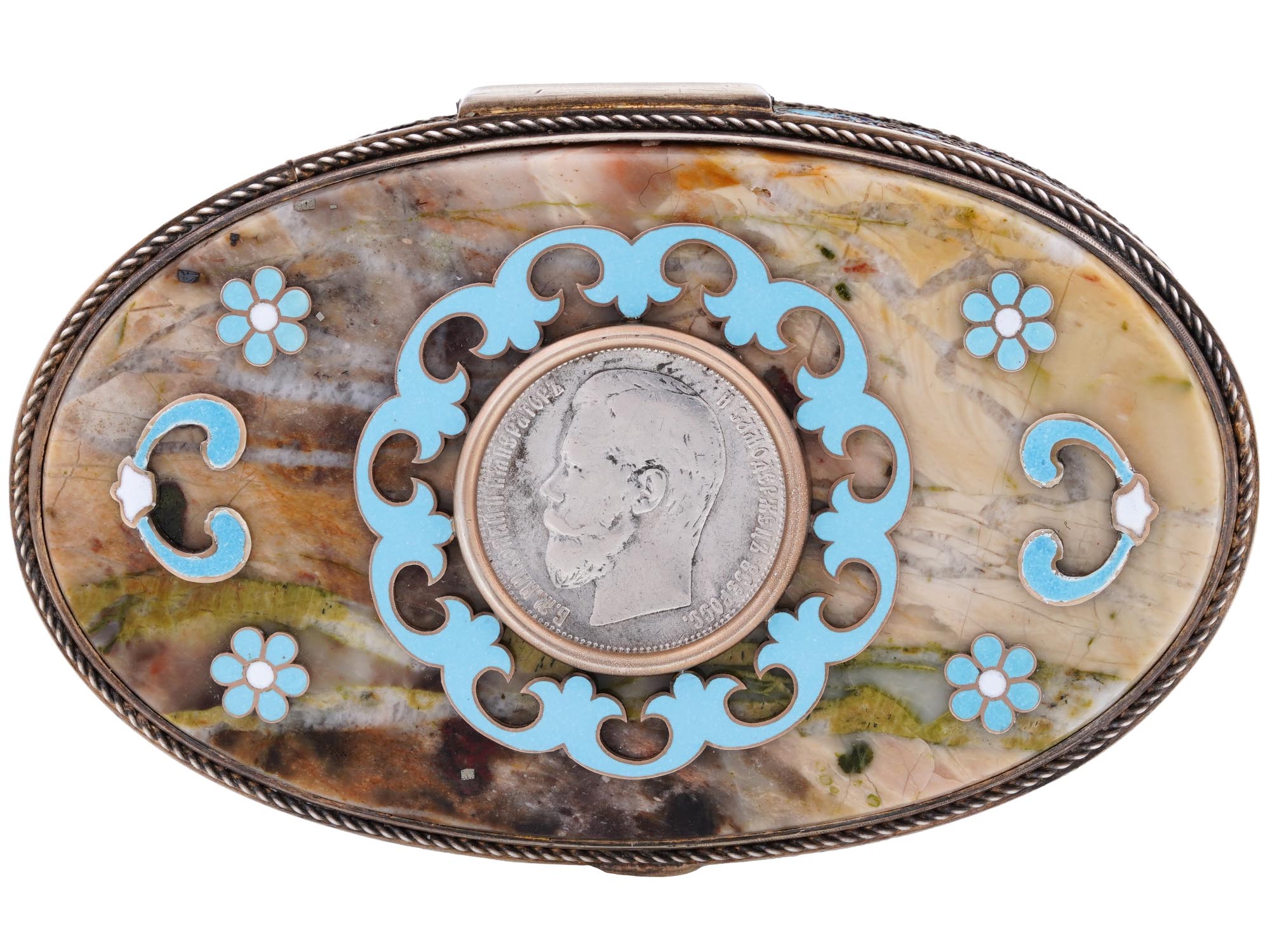 RUSSIAN GILT SILVER ENAMEL TRINKET BOX WITH COIN PIC-2