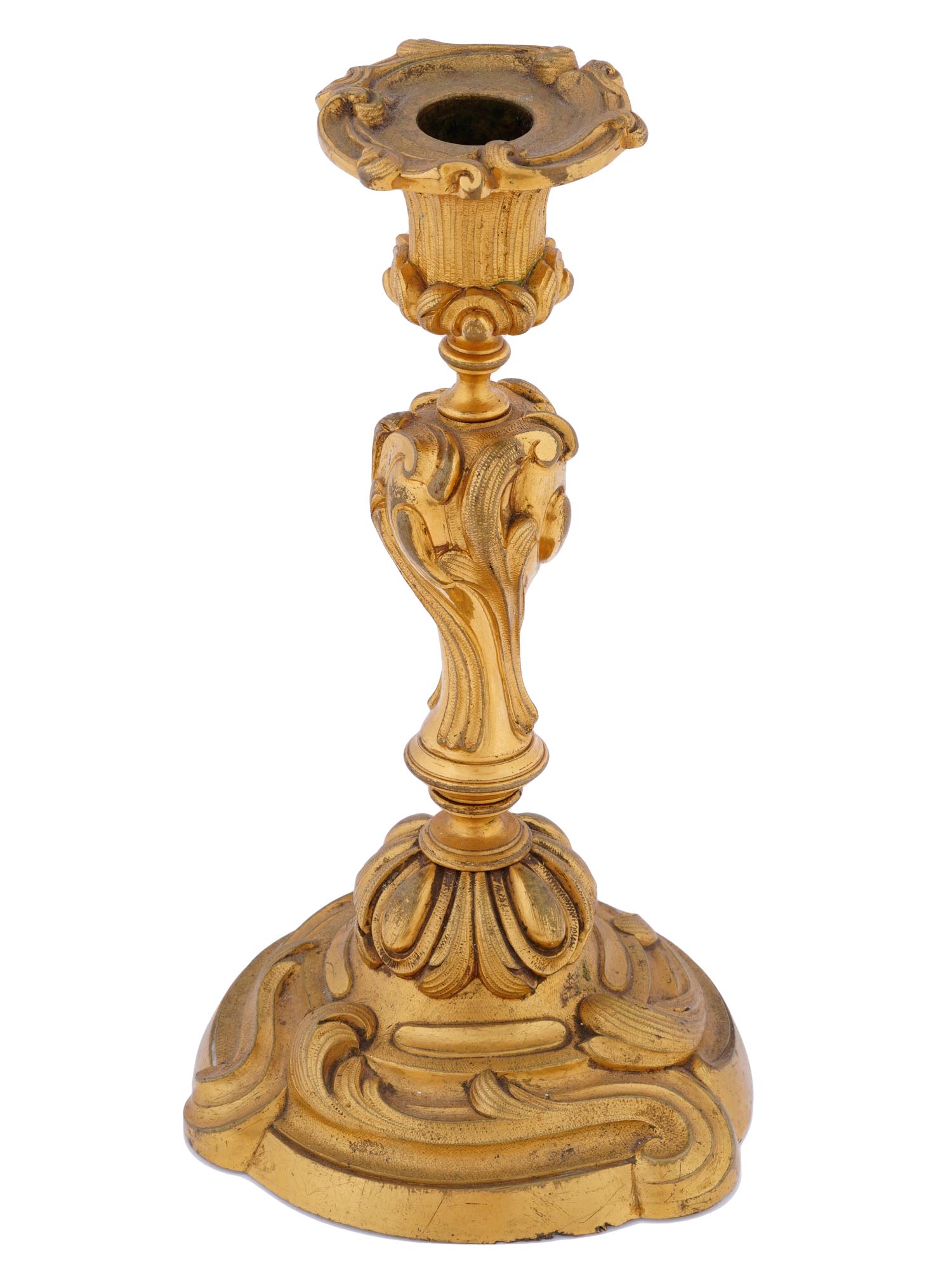 ANTIQUE FRENCH ROCOCO GILT BRONZE CANDLESTICK PIC-0