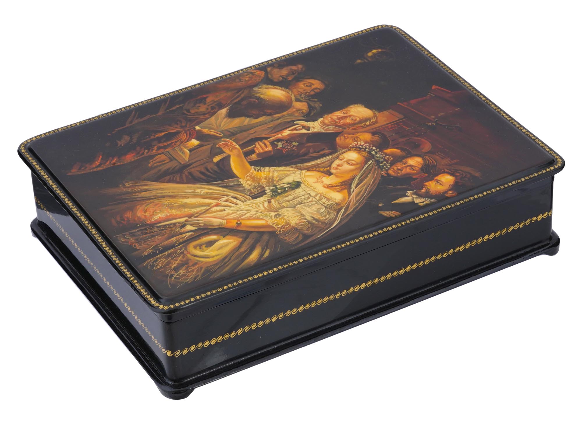 LARGE RUSSIAN LACQUER BOX THE UNEQUAL MARRIAGE PIC-2