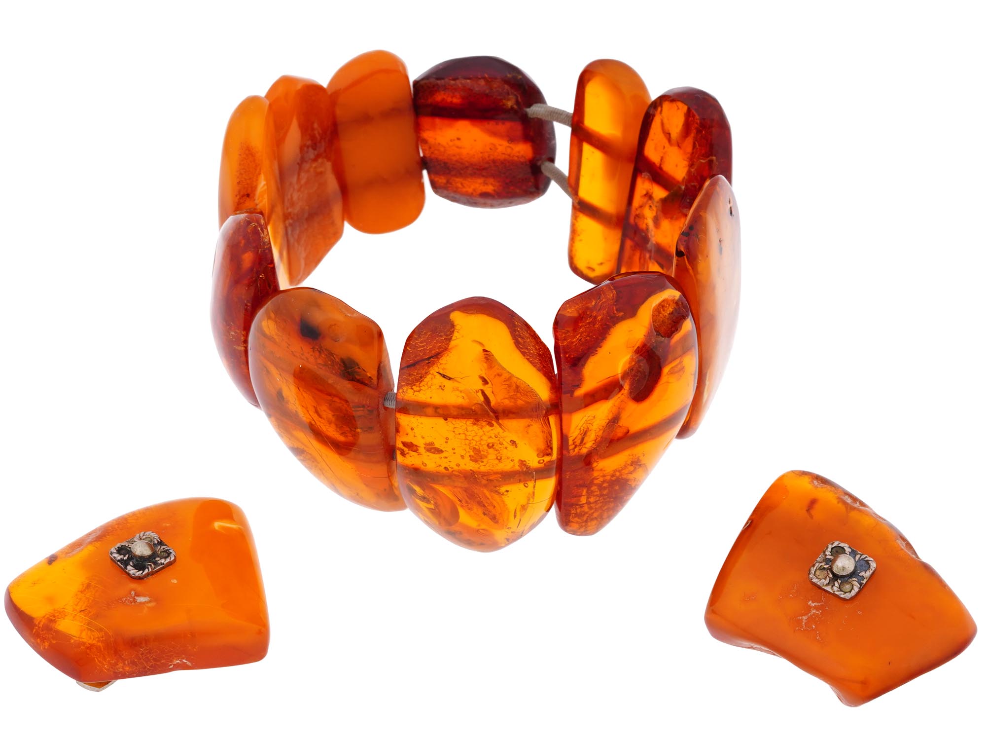 NATURAL AMBER STONE CUFFLINKS AND BEADED BRACELET PIC-0