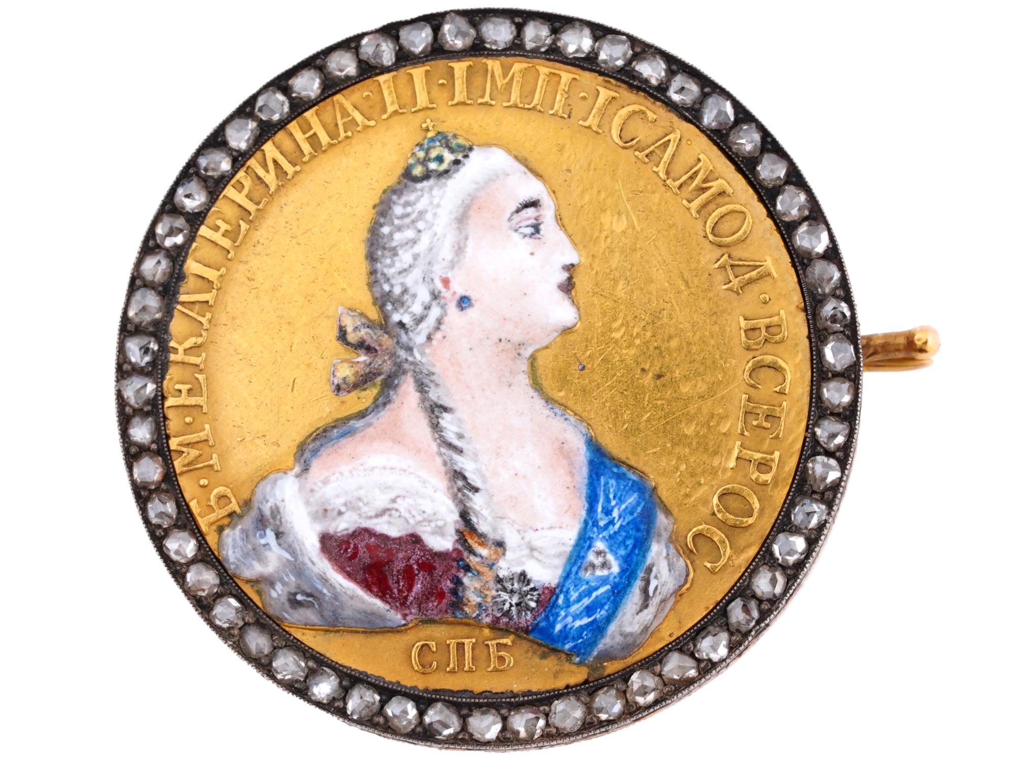 RUSSIAN GOLD COIN CATHERINE II BROOCH WITH DIAMONDS PIC-1