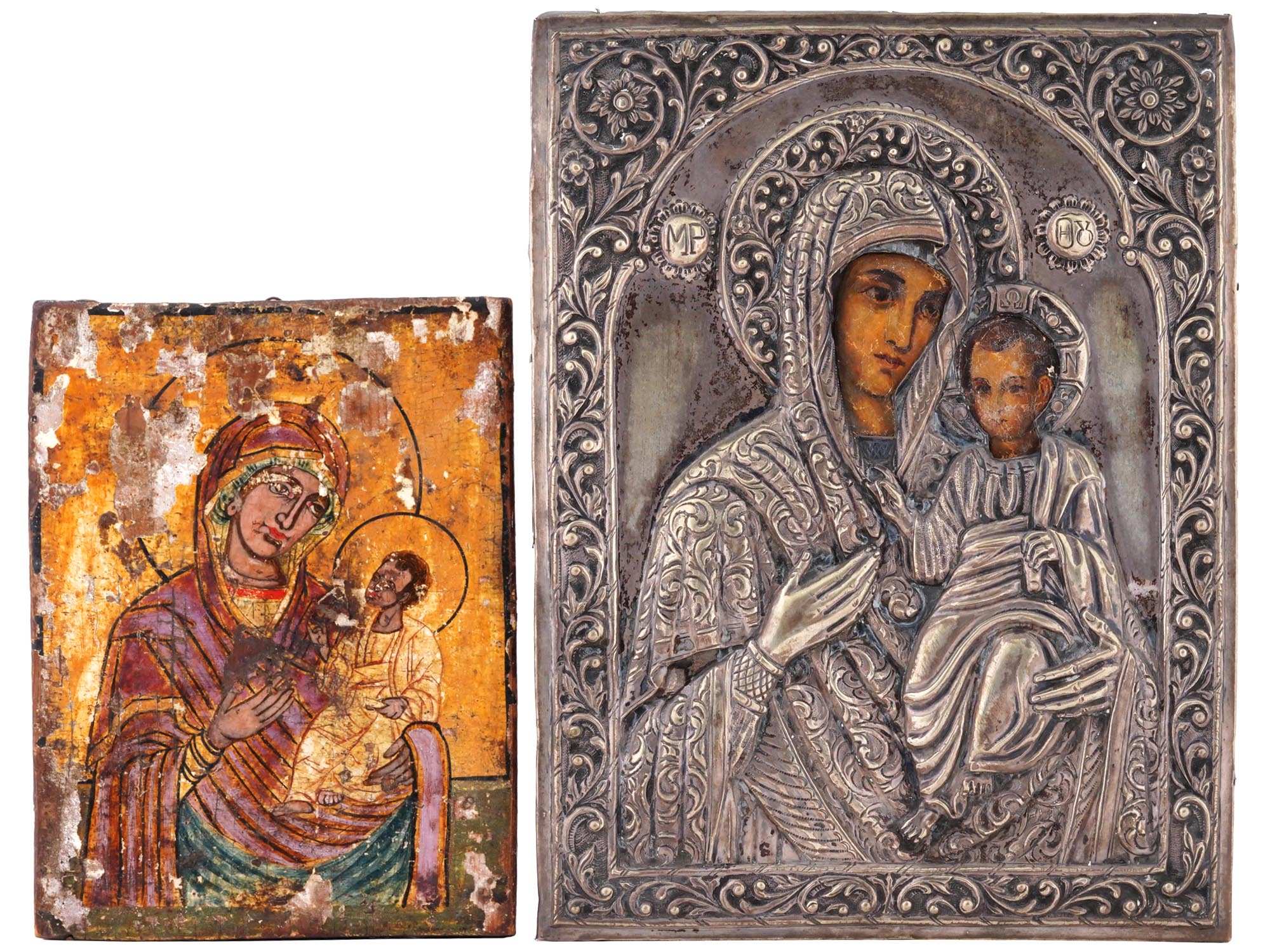 ANTIQUE GREEK ORTHODOX ICONS VIRGIN MARY IN OKLAD PIC-0