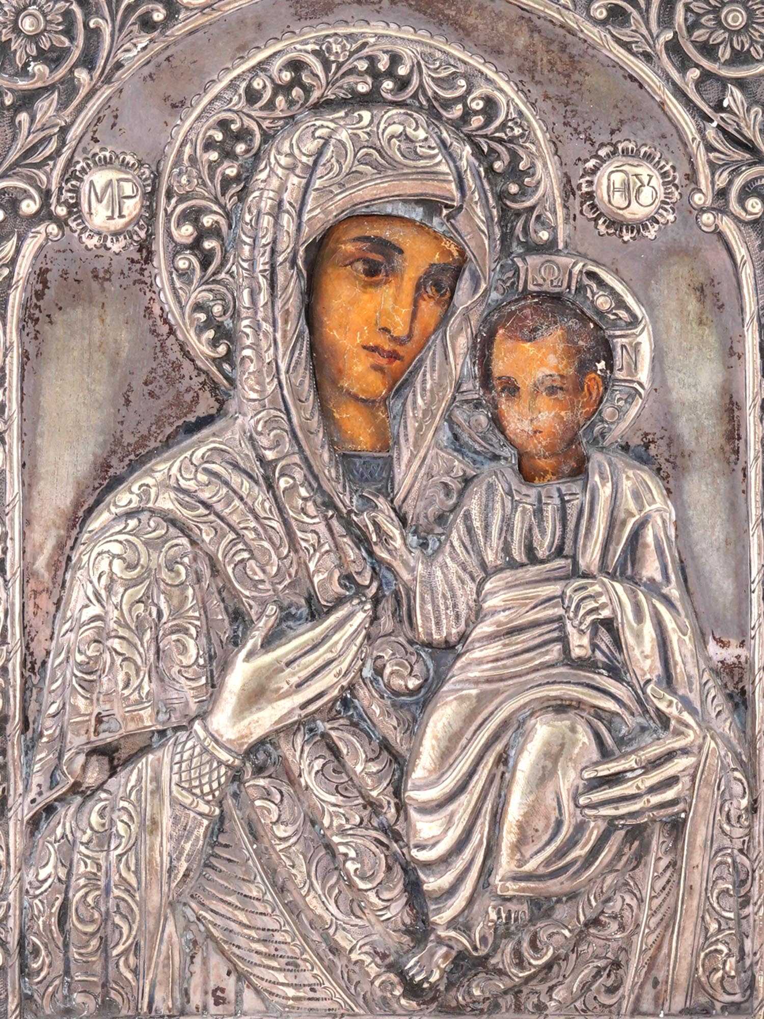 ANTIQUE GREEK ORTHODOX ICONS VIRGIN MARY IN OKLAD PIC-2