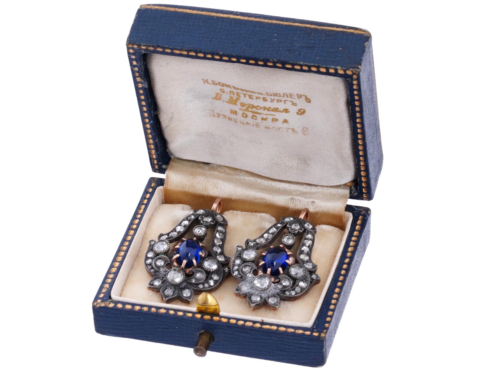 RUSSIAN GOLD SILVER SAPPHIRE AND DIAMOND EARRINGS PIC-0