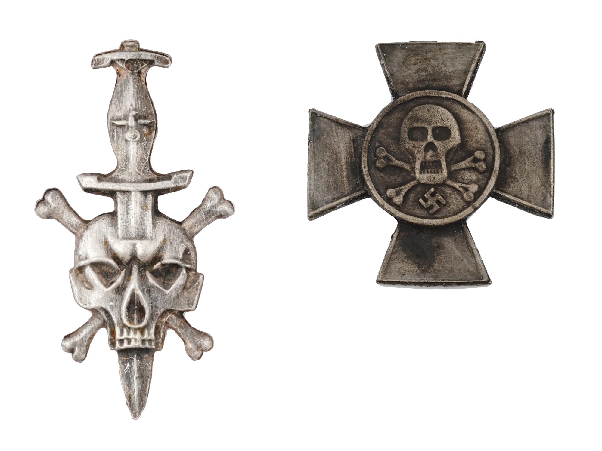 LOT OF TWO WWII NAZI GERMAN TOTENKOPF CROSS BADGES PIC-0