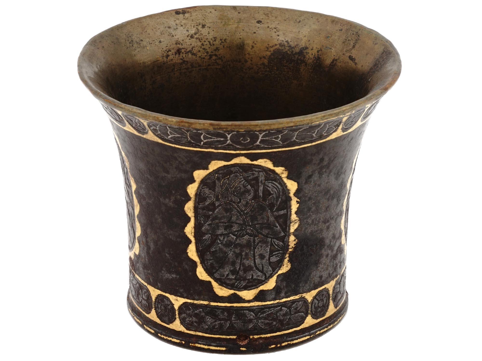 ANTIQUE PERSIAN STEEL SILVER AND GOLD INLAID HOOKAH CUP PIC-0