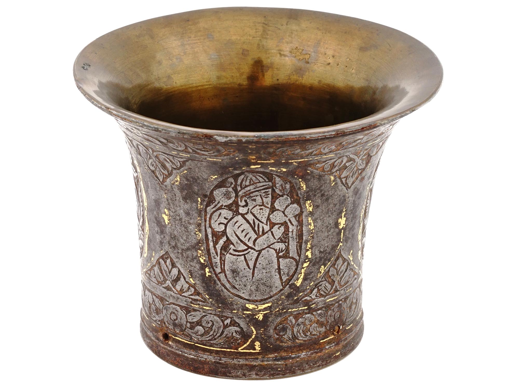 ANTIQUE PERSIAN STEEL SILVER AND GOLD INLAID HOOKAH CUP PIC-0