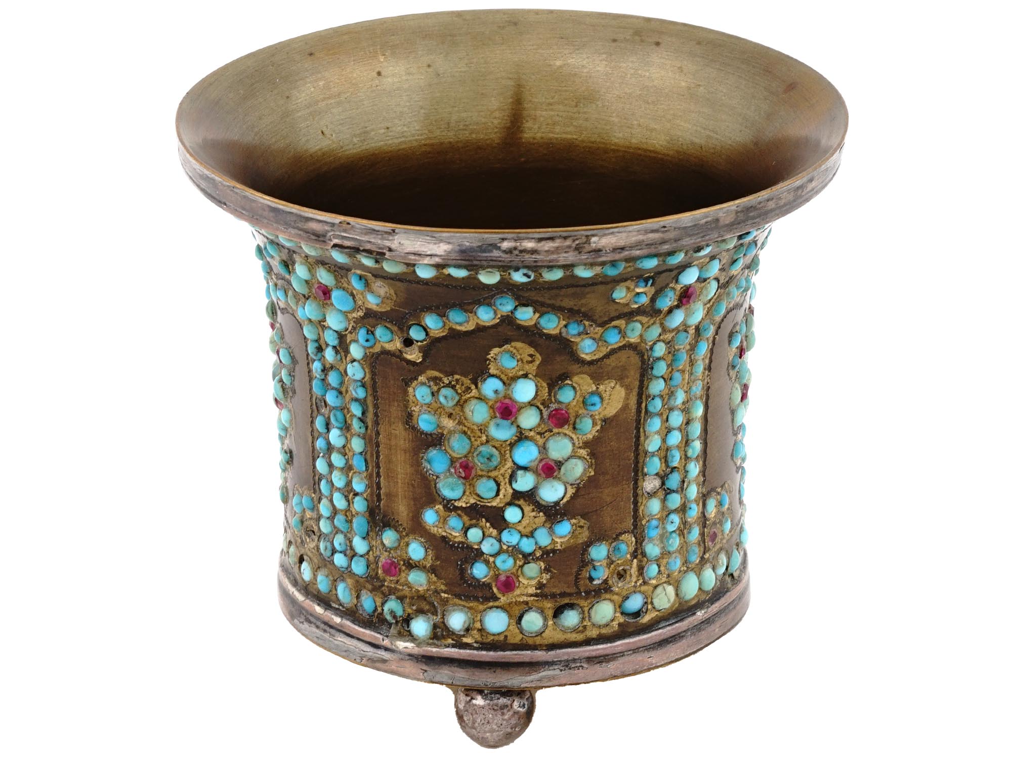 ANTIQUE PERSIAN STEEL TURQUOISE AND RUBY HOOKAH CUP PIC-0