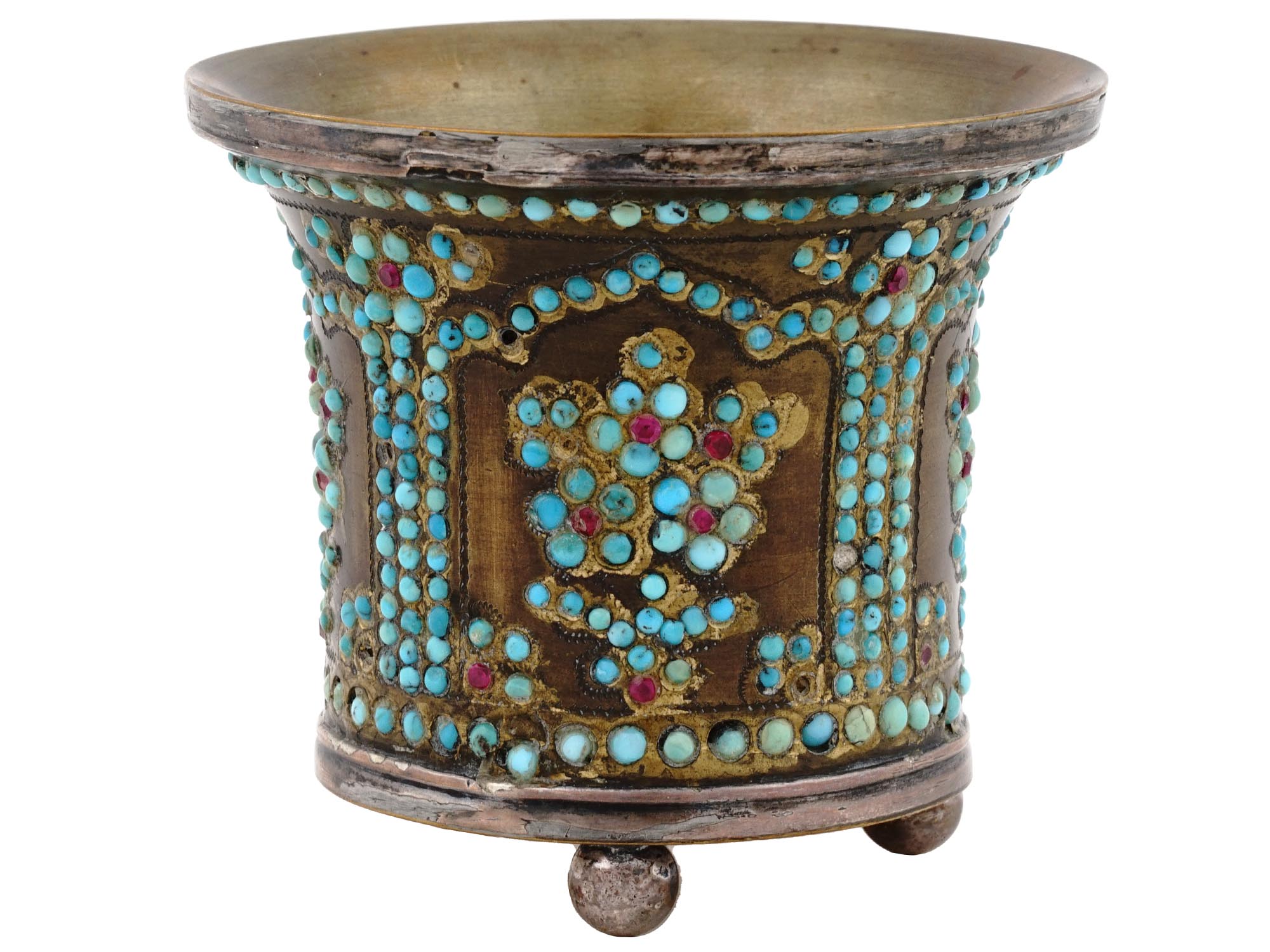ANTIQUE PERSIAN STEEL TURQUOISE AND RUBY HOOKAH CUP PIC-1