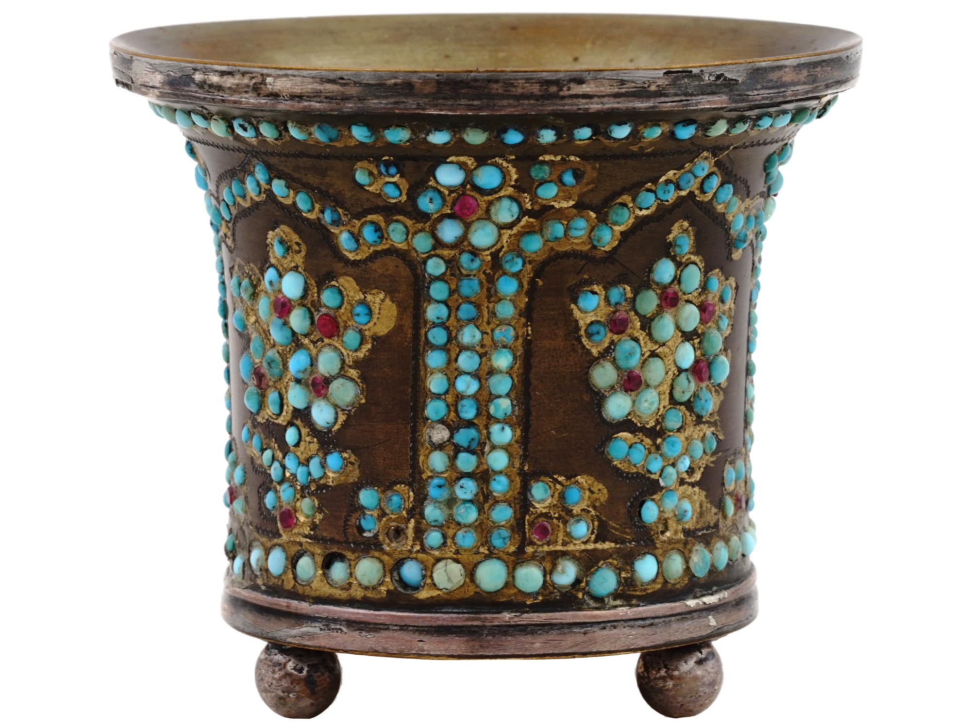 ANTIQUE PERSIAN STEEL TURQUOISE AND RUBY HOOKAH CUP PIC-2