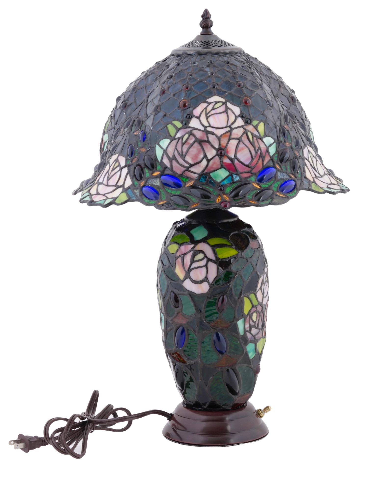 TIFFANY STYLE LEADED GLASS ROSE FLOWER TABLE LAMP PIC-2