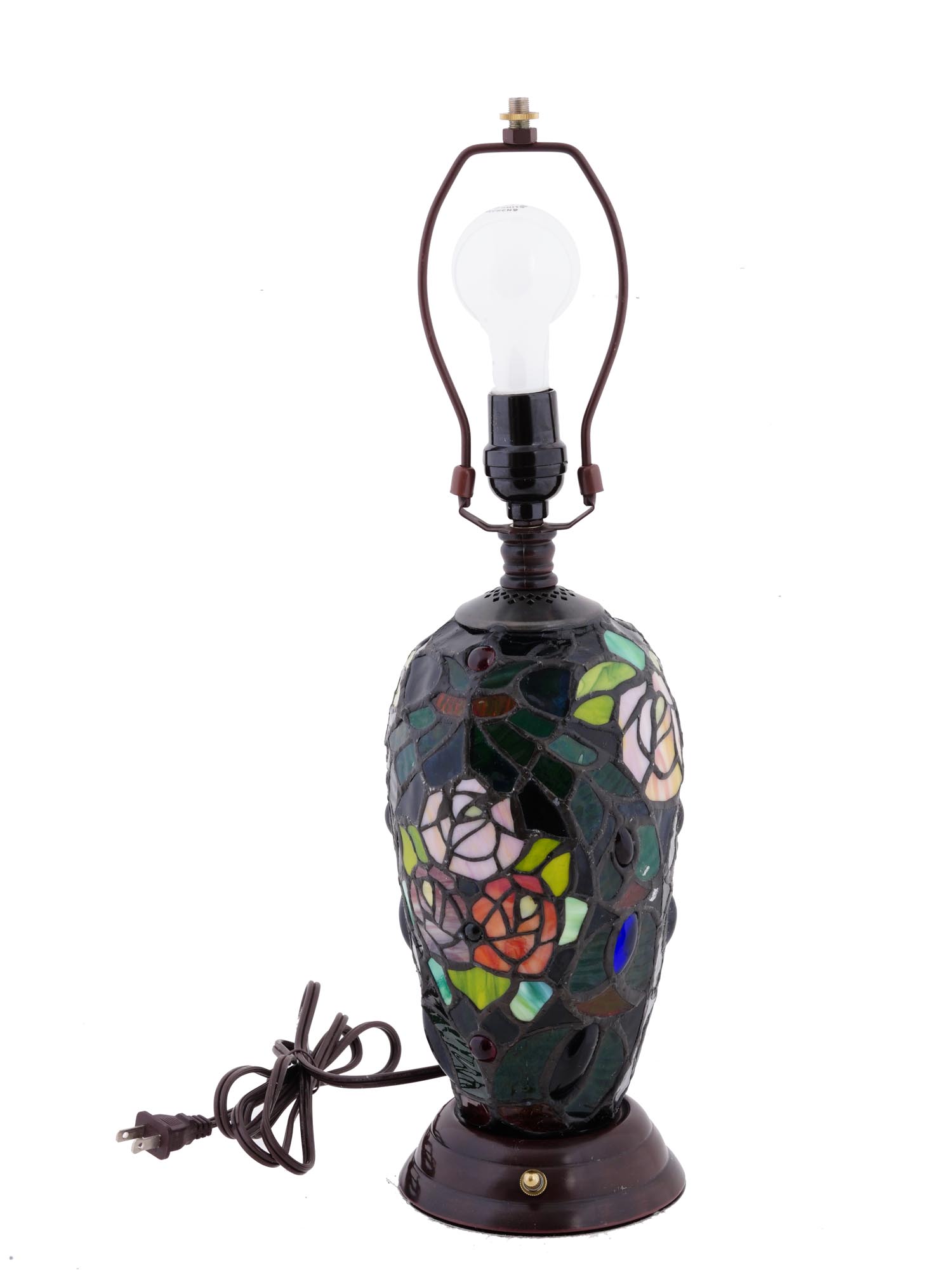 TIFFANY STYLE LEADED GLASS ROSE FLOWER TABLE LAMP PIC-3