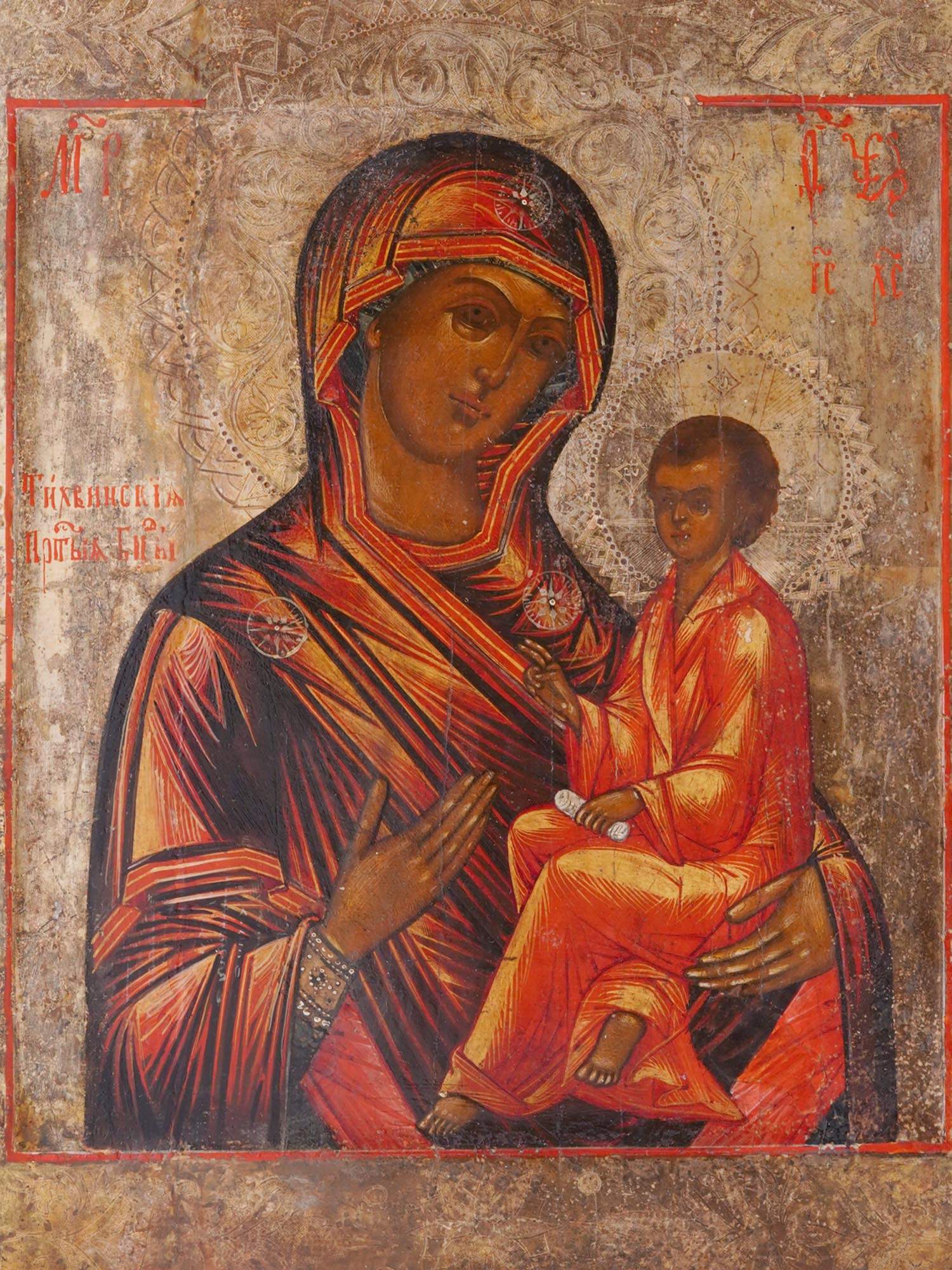 ANTIQUE RUSSIAN ORTHODOX TIKHVIN MOTHER OF GOD ICON PIC-1