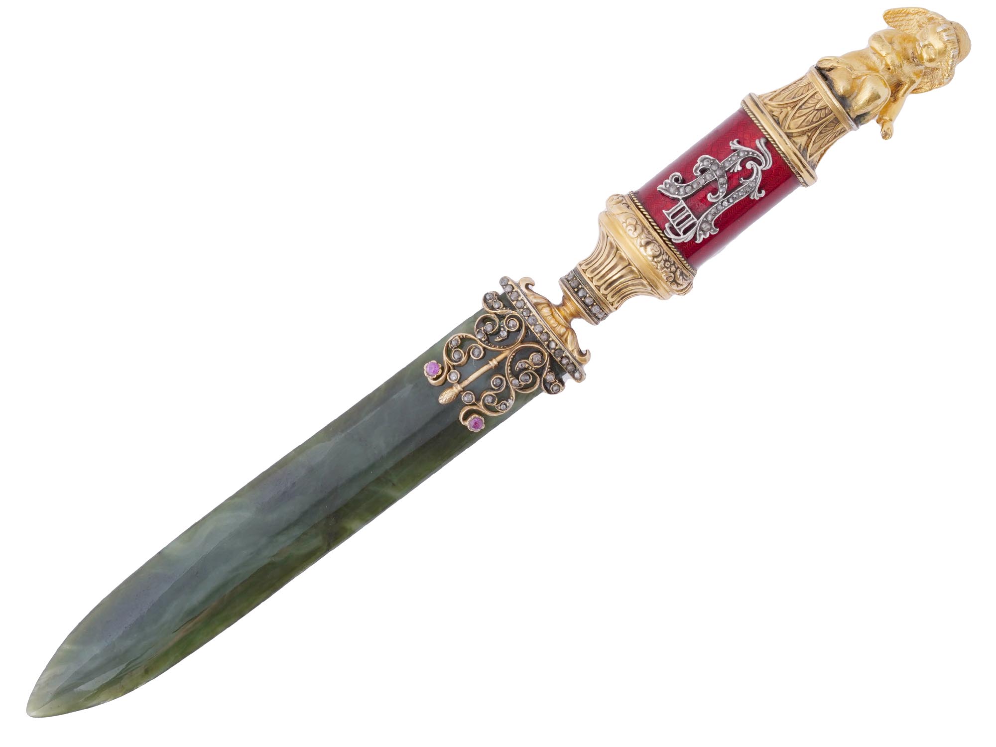 RUSSIAN GILT SILVER ENAMEL AND JADE LETTER OPENER PIC-1