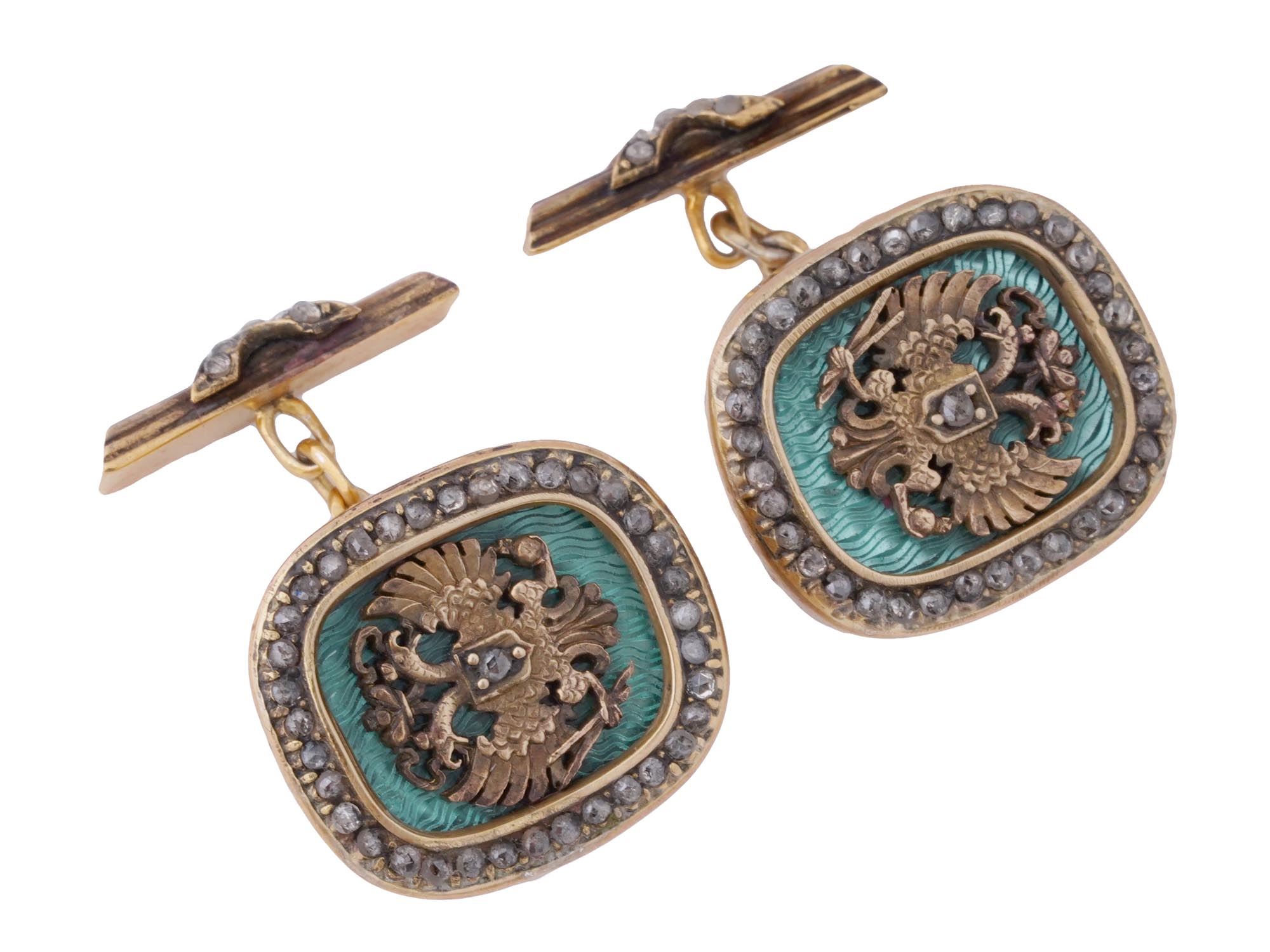 RUSSIAN GILT SILVER ENAMEL DIAMONDS CUFFLINKS IOB PIC-1