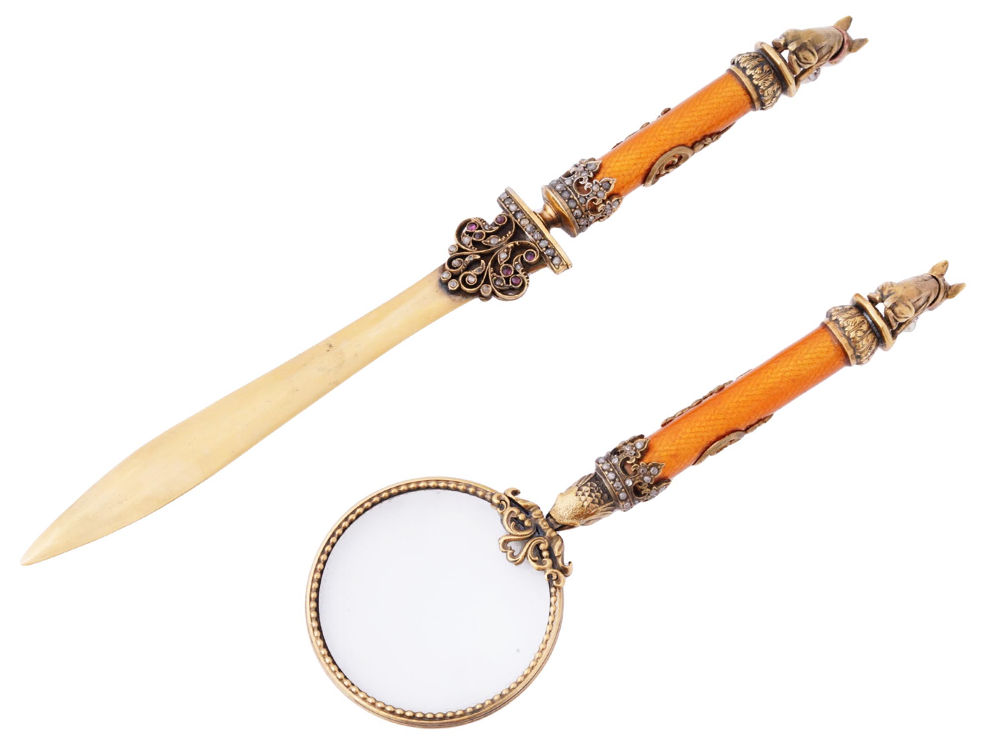 RUSSIAN GILT SILVER ENAMEL LETTER OPENER AND LENS PIC-2