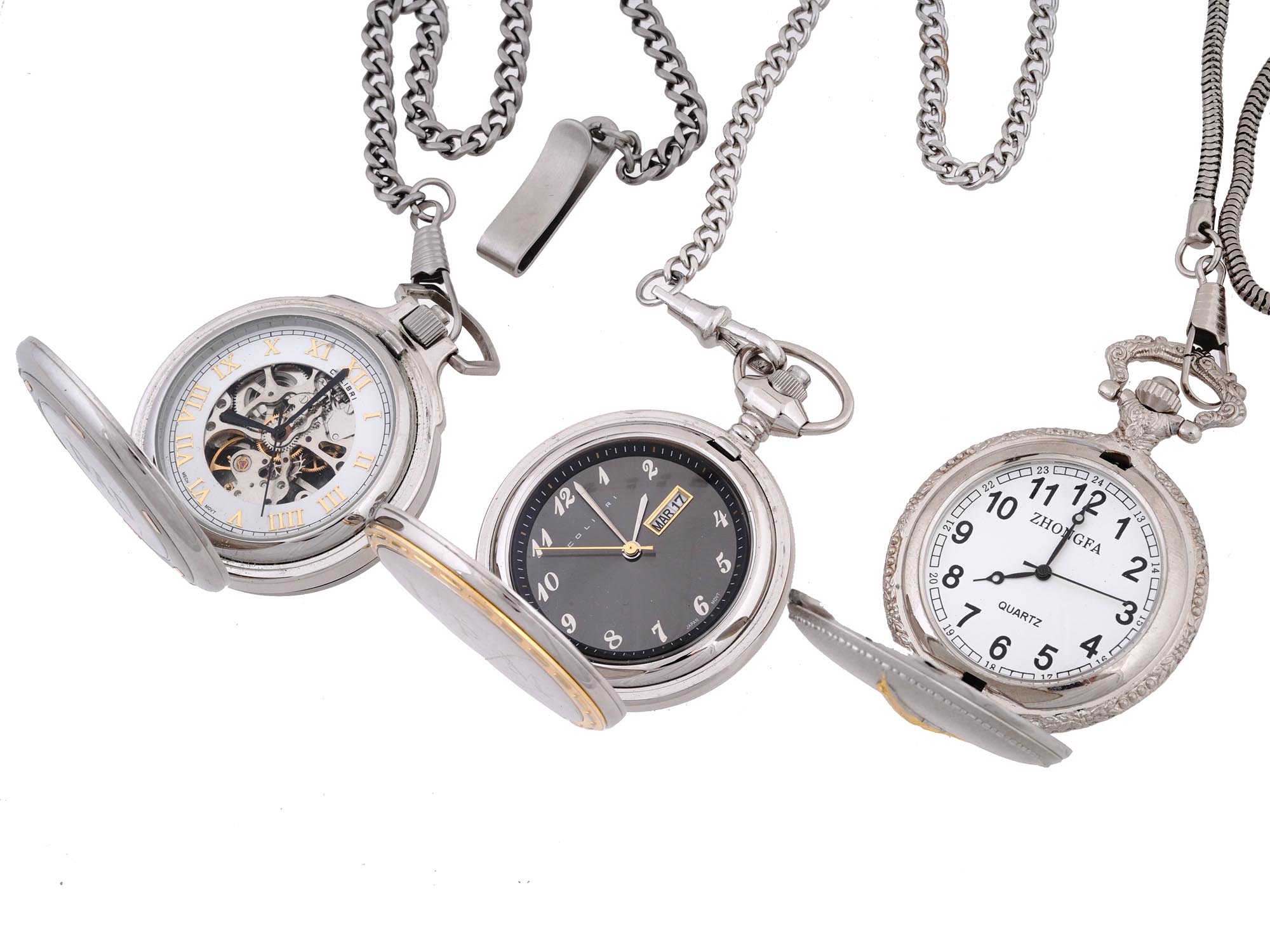 VINTAGE COLIBRI ZHONGFA POCKET WATCHES WITH CHAINS PIC-3