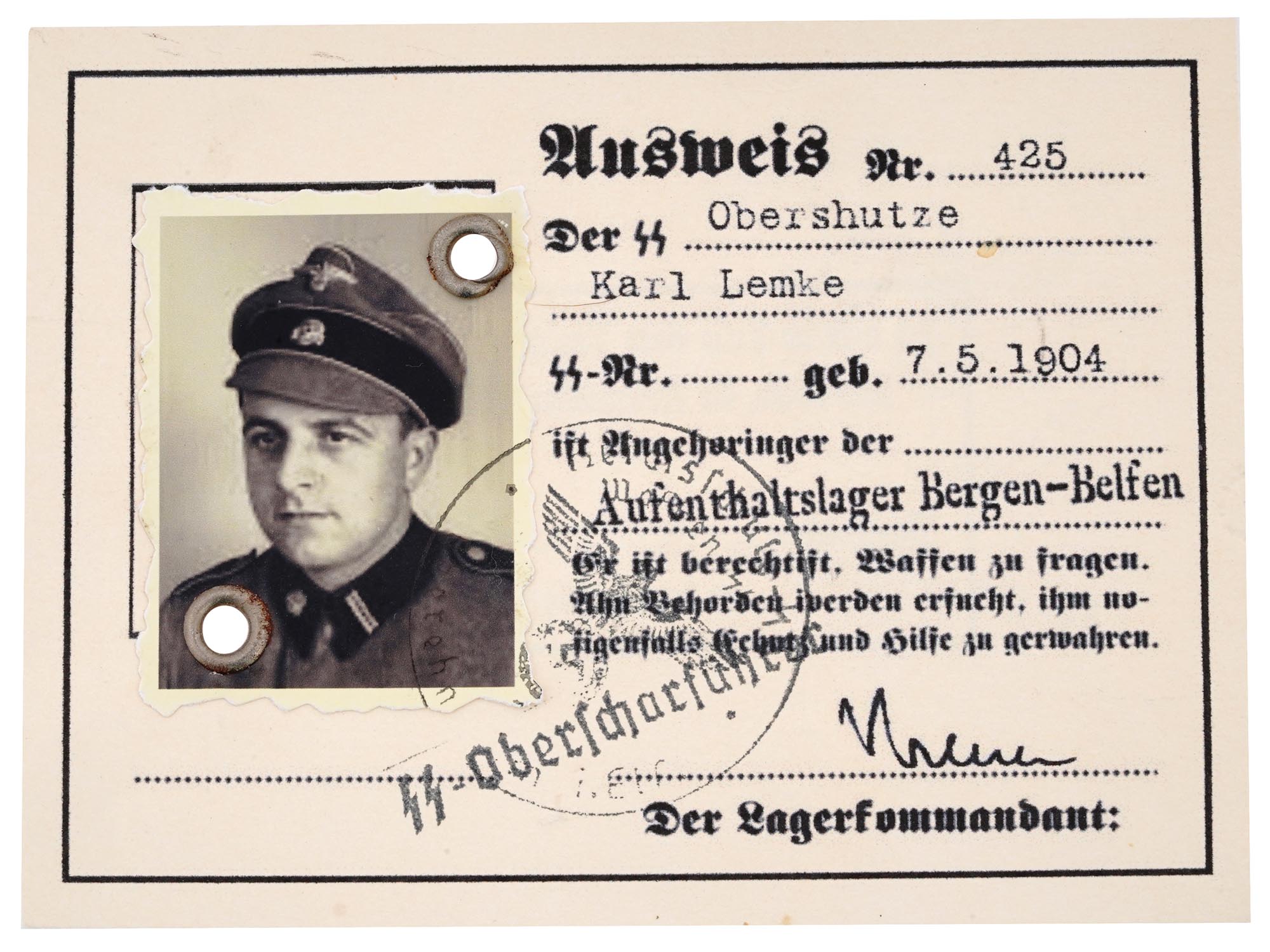 ID CARD OF BERGEN BELSEN CAMP GUARD KARL LEMKE PIC-0