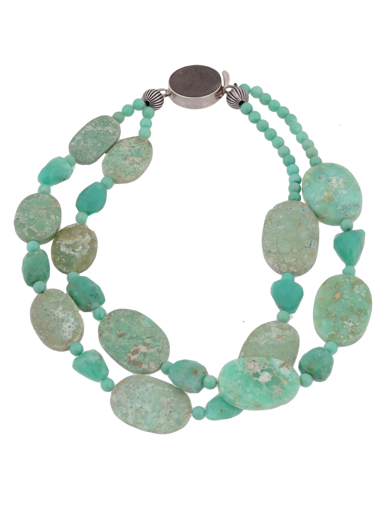 TURQUOISE BEADED NECKLACE WITH GEORGE V COIN CLASP PIC-1