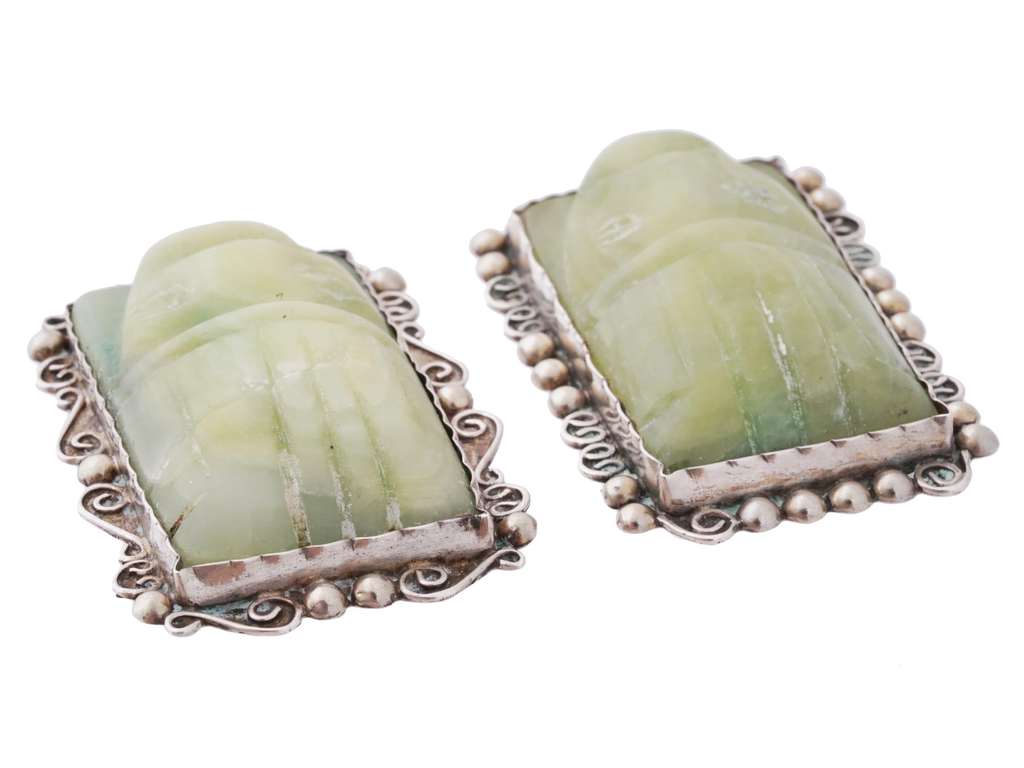 MEXICAN STERLING SILVER GREEN JASPER BROOCHES PIC-2