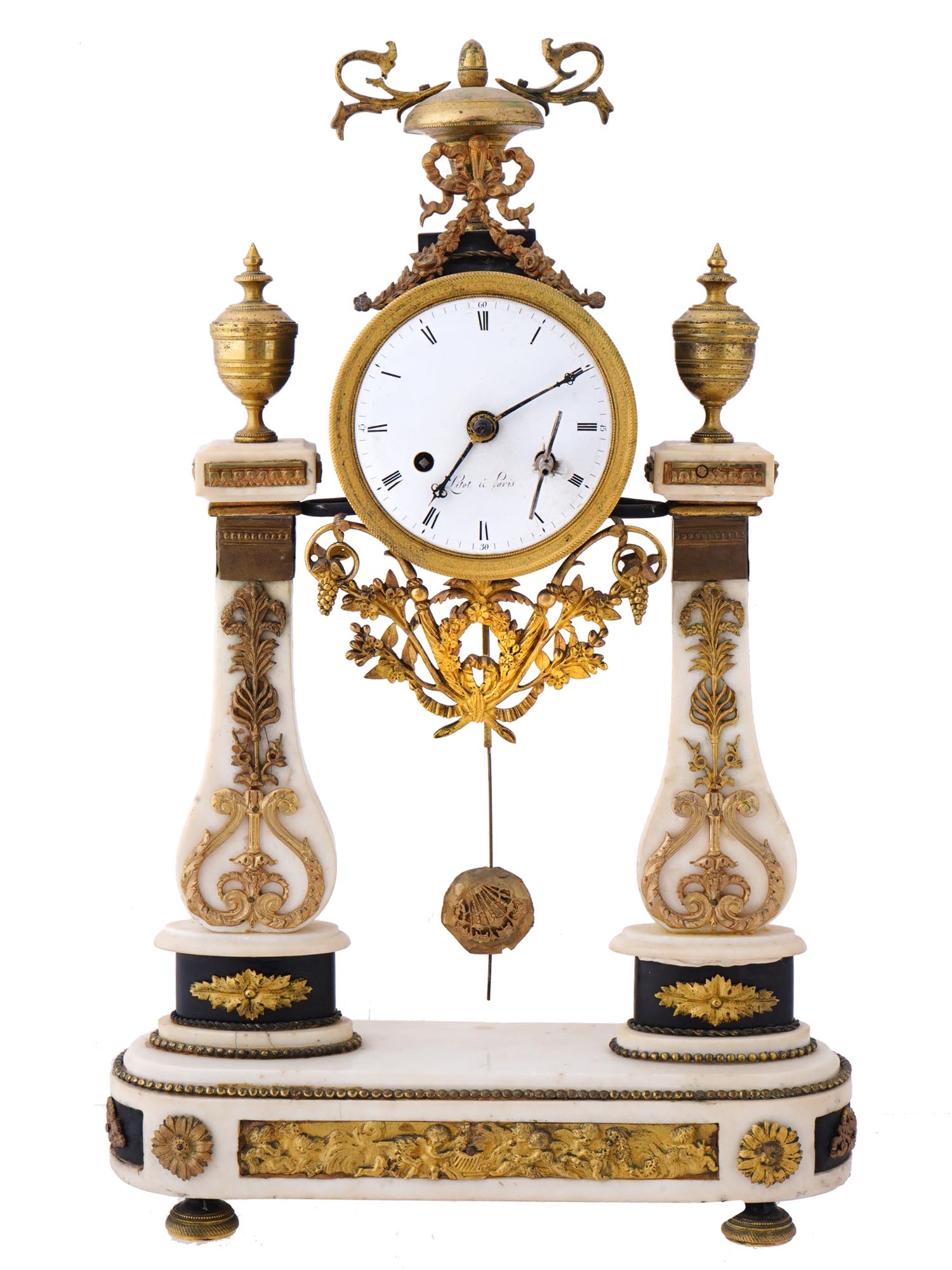 ANTIQUE FRENCH BRONZE MARBLE TWIN PILLAR PORTICO CLOCK PIC-0