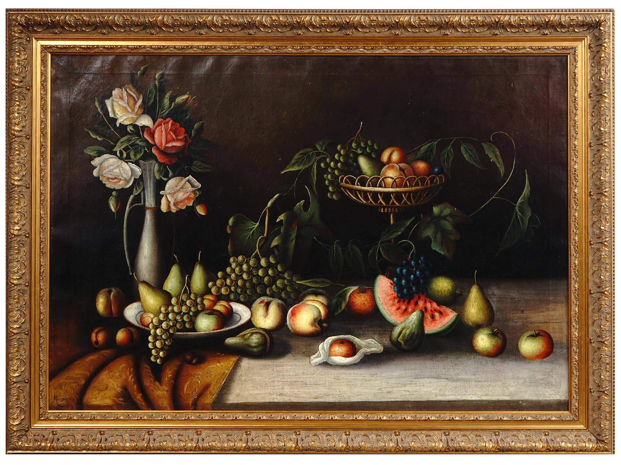 MID CENTURY FRUIT FLOWERS STILL LIFE PAINTING SIGNED PIC-0