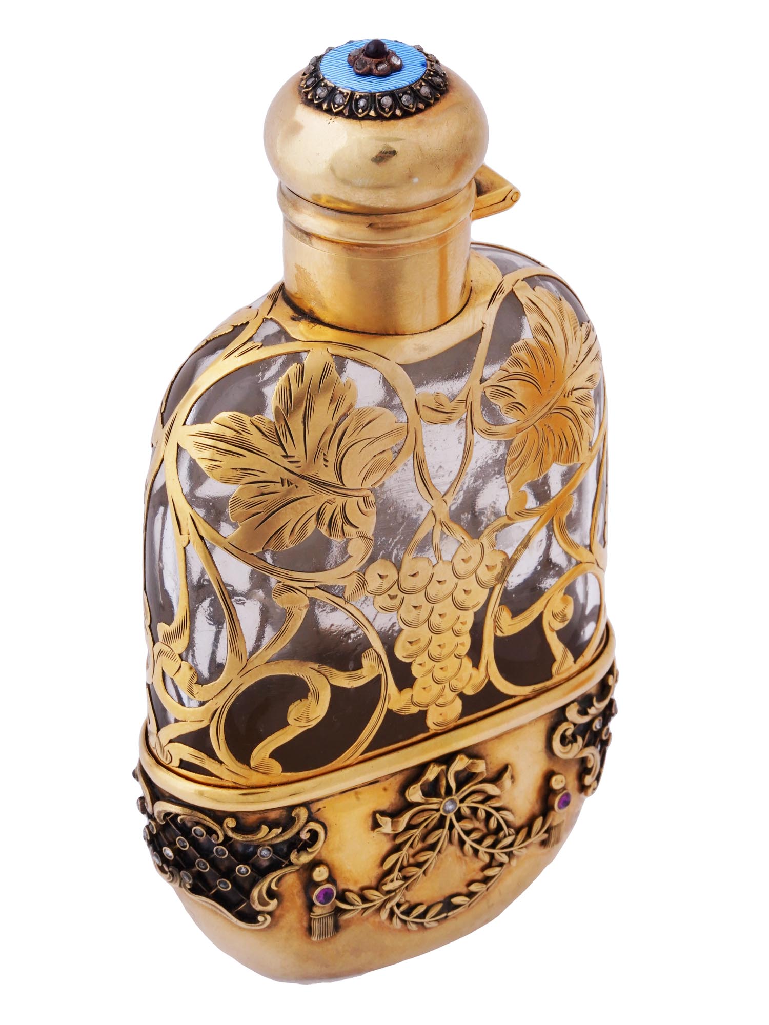 RUSSIAN GILT SILVER OVER GLASS AND DIAMONDS FLASK PIC-2