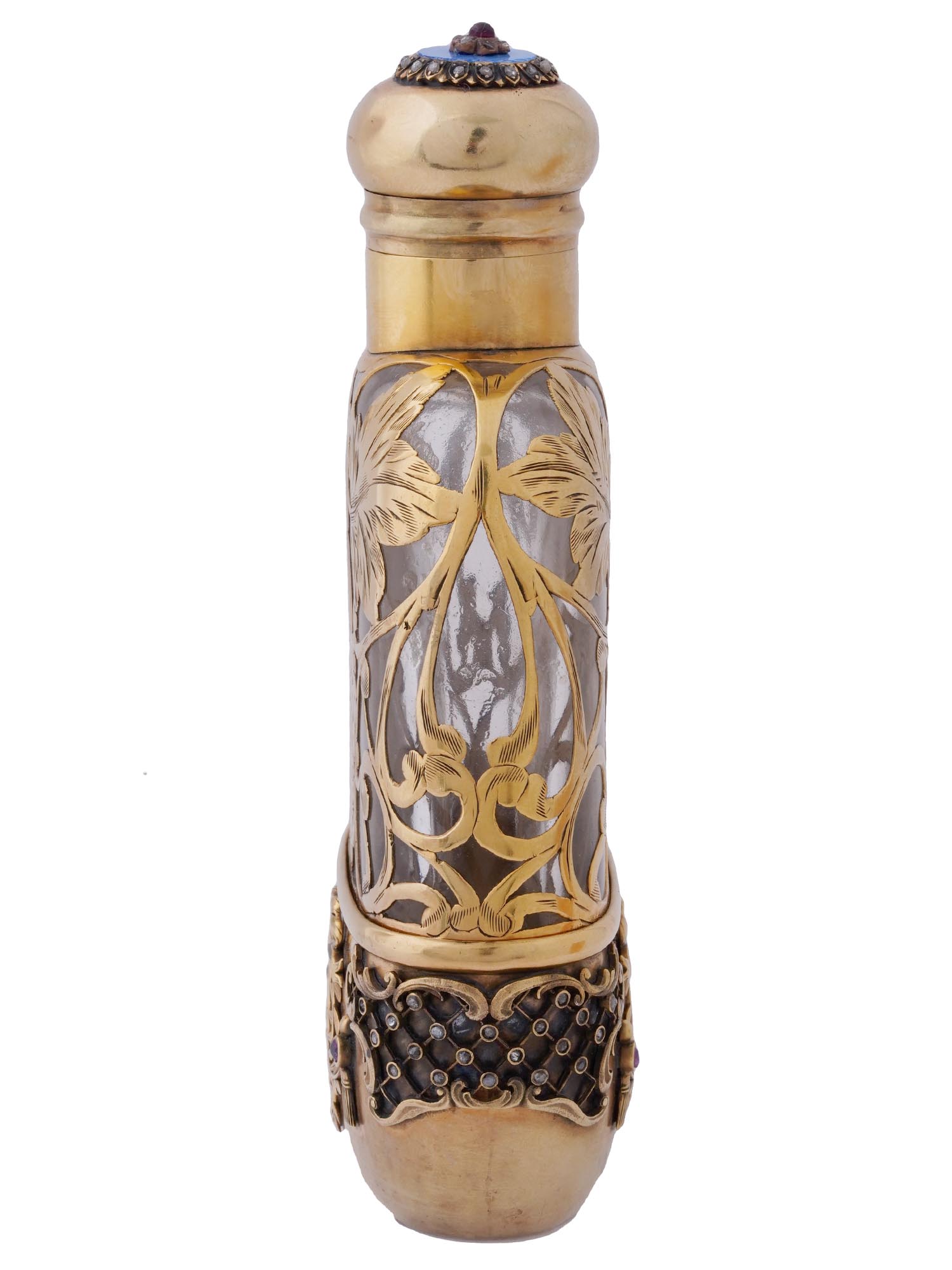 RUSSIAN GILT SILVER OVER GLASS AND DIAMONDS FLASK PIC-4