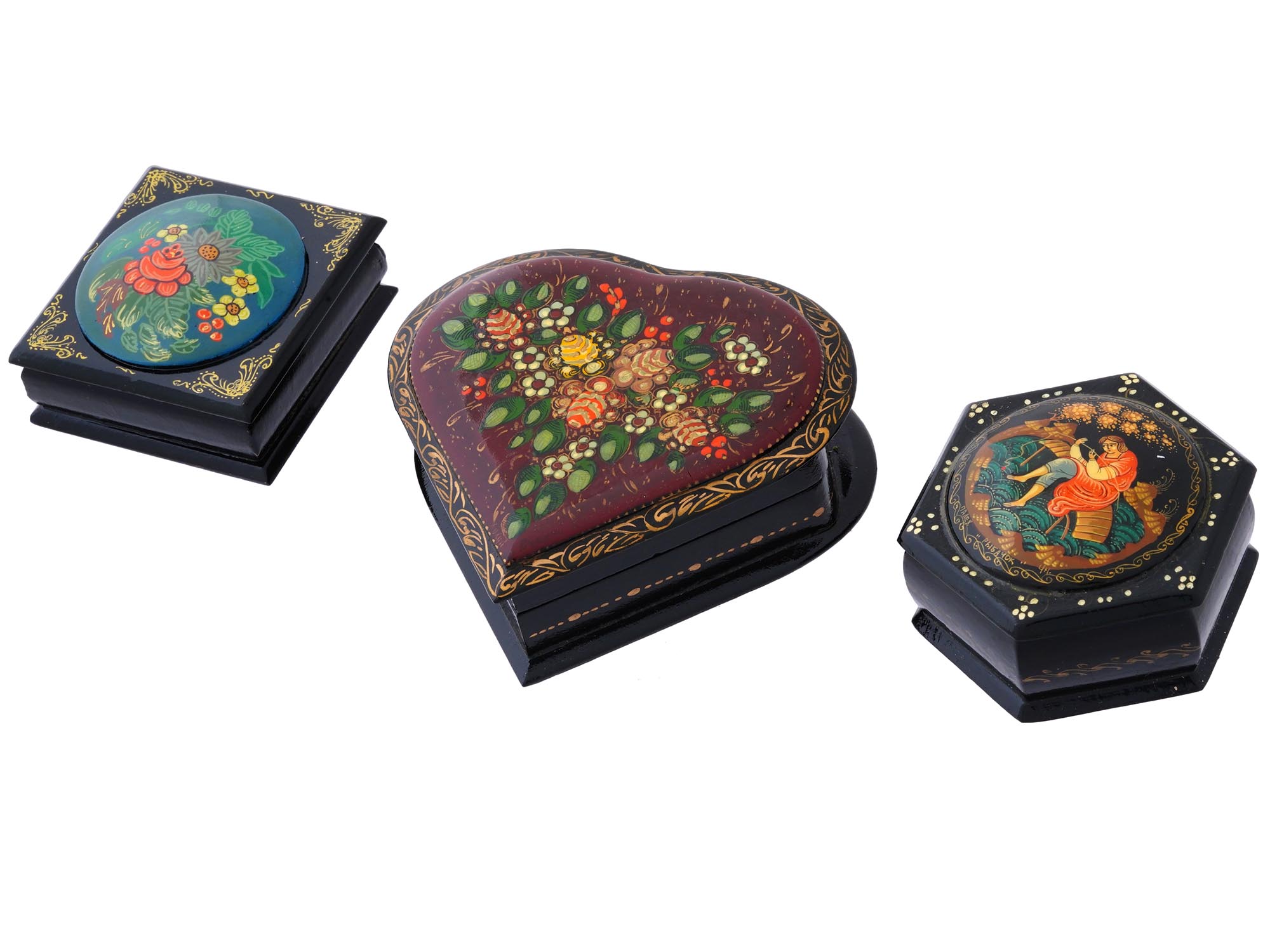 VINTAGE KHOLUY AND PALEKH LACQUER WOODEN TRINKET BOXES PIC-0