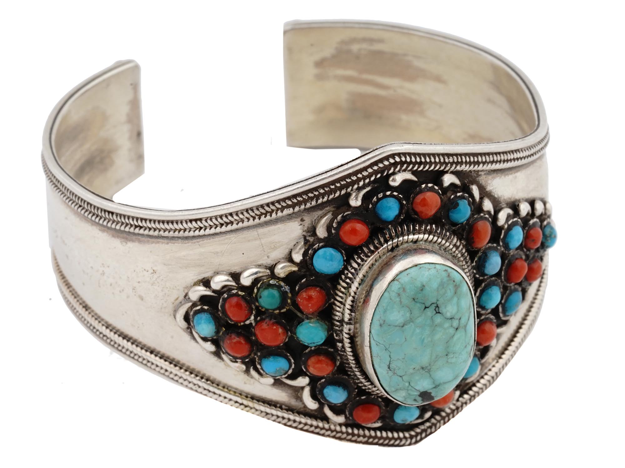 VINTAGE TIBETIAN TURQUOISE SILVER CUFF BRACELET PIC-1