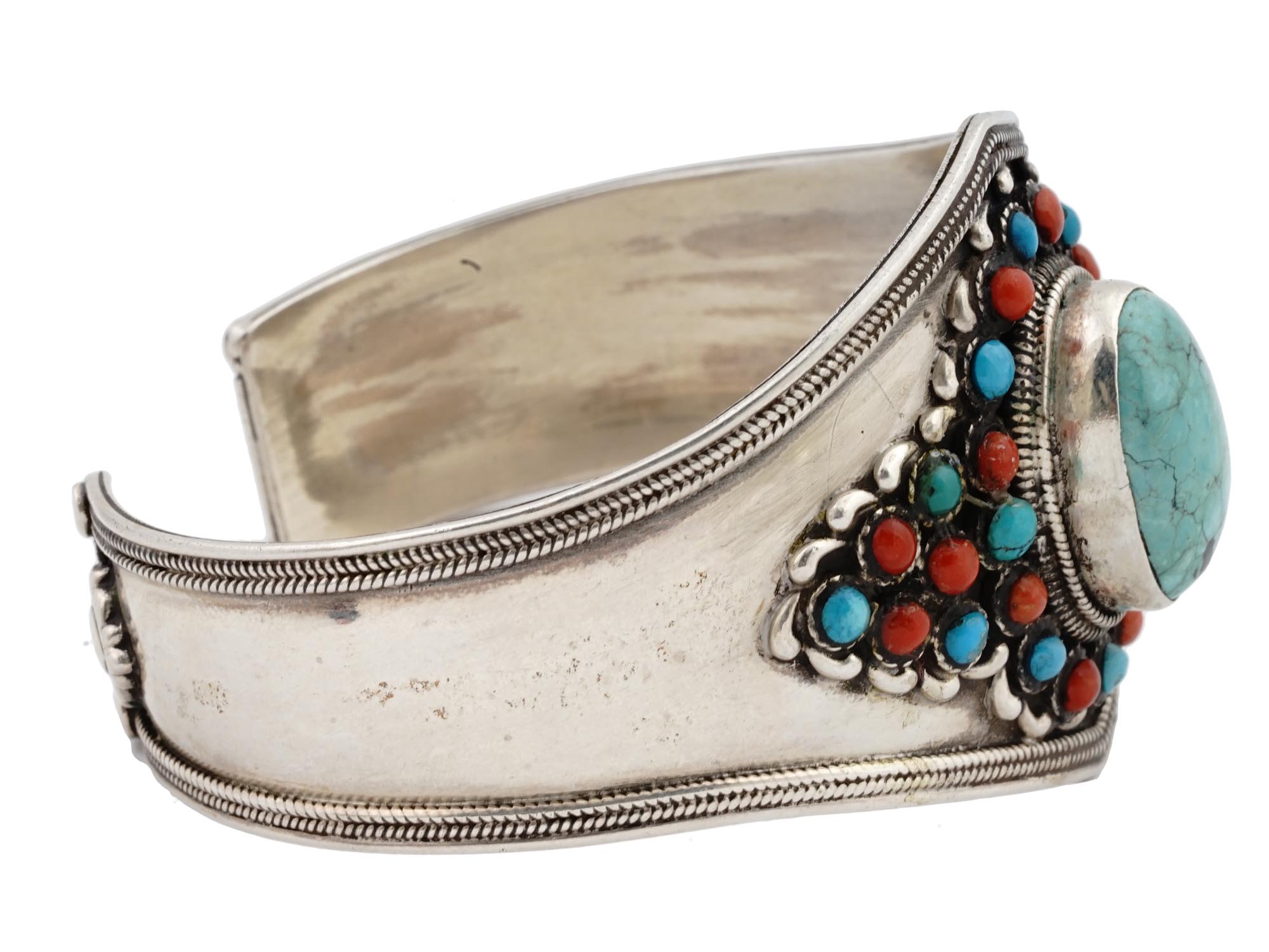 VINTAGE TIBETIAN TURQUOISE SILVER CUFF BRACELET PIC-2