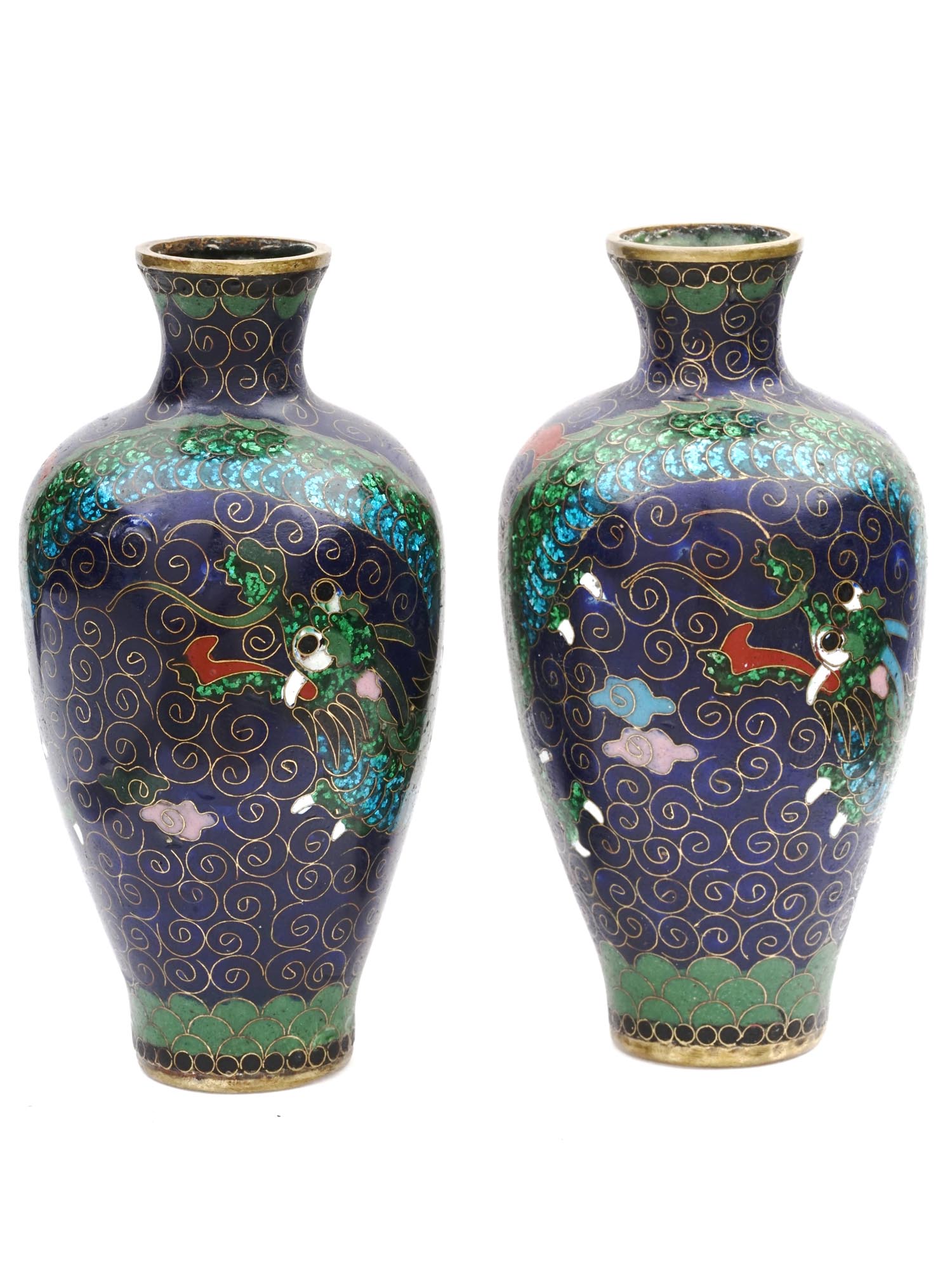 JAPANESE DRAGON CLOISONNE ENAMEL GOLDSTONE VASES PIC-2