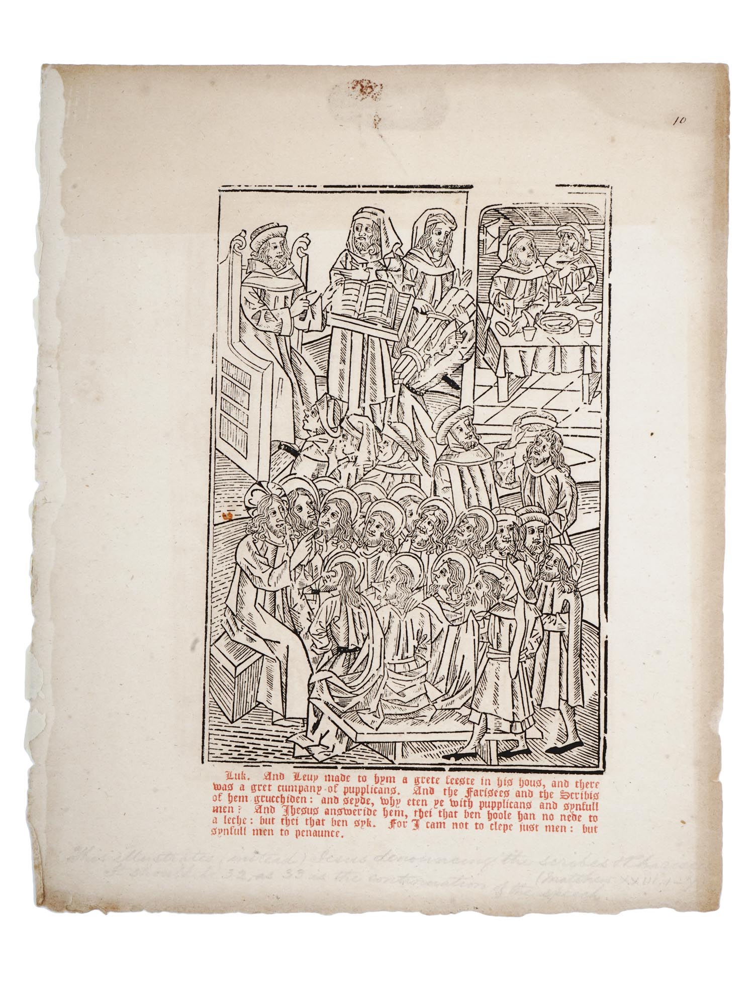 ANTIQUE WOODCUT JESUS DENOUNCES SCRIBES AND PHARISEES PIC-0