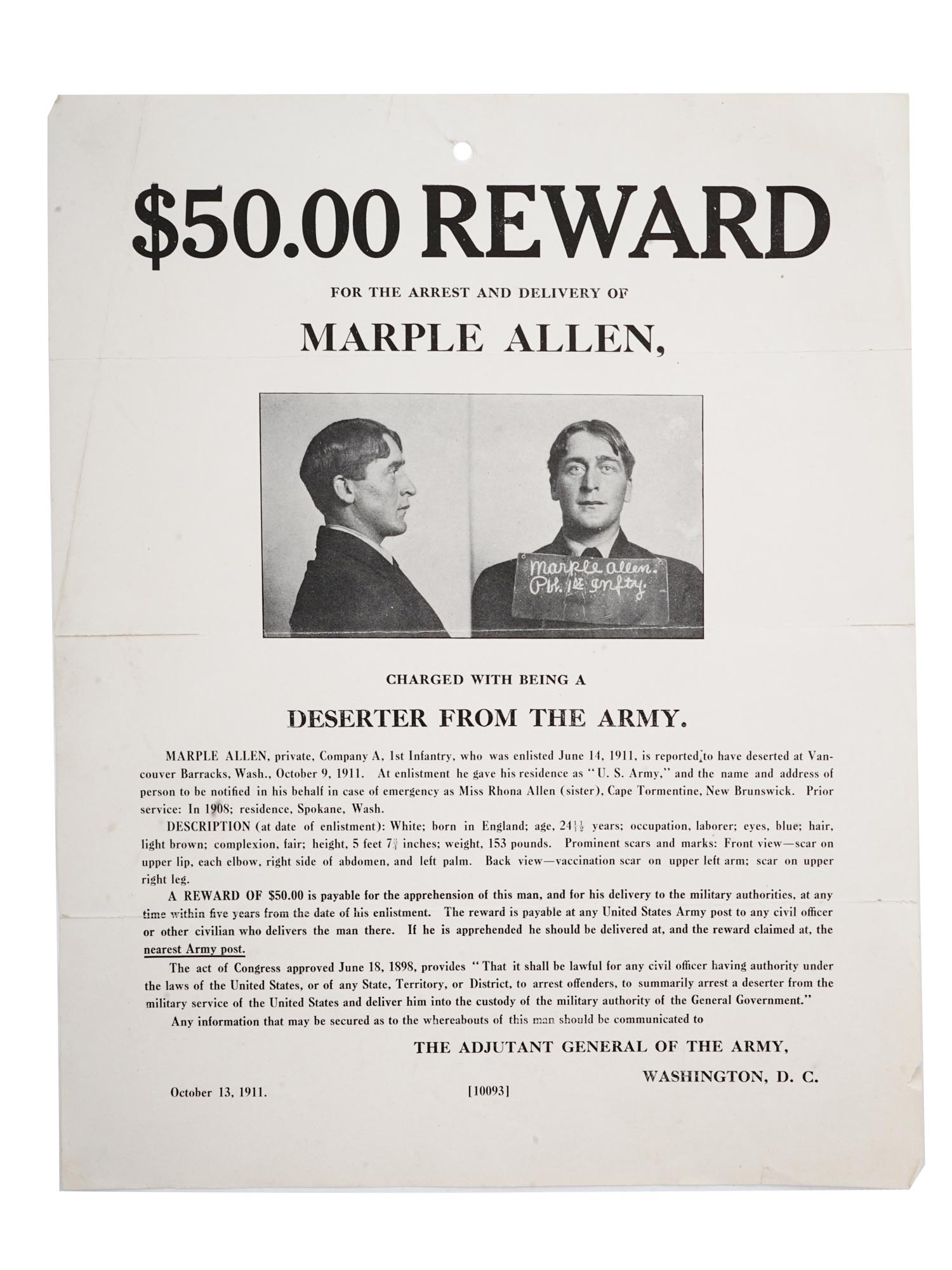 ANTIQUE 1911 AMERICAN $50 REWARD DESERTER POSTER PIC-0
