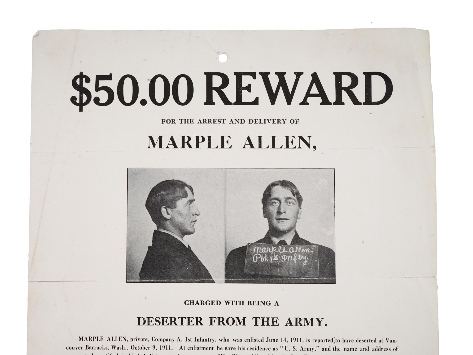ANTIQUE 1911 AMERICAN $50 REWARD DESERTER POSTER PIC-1