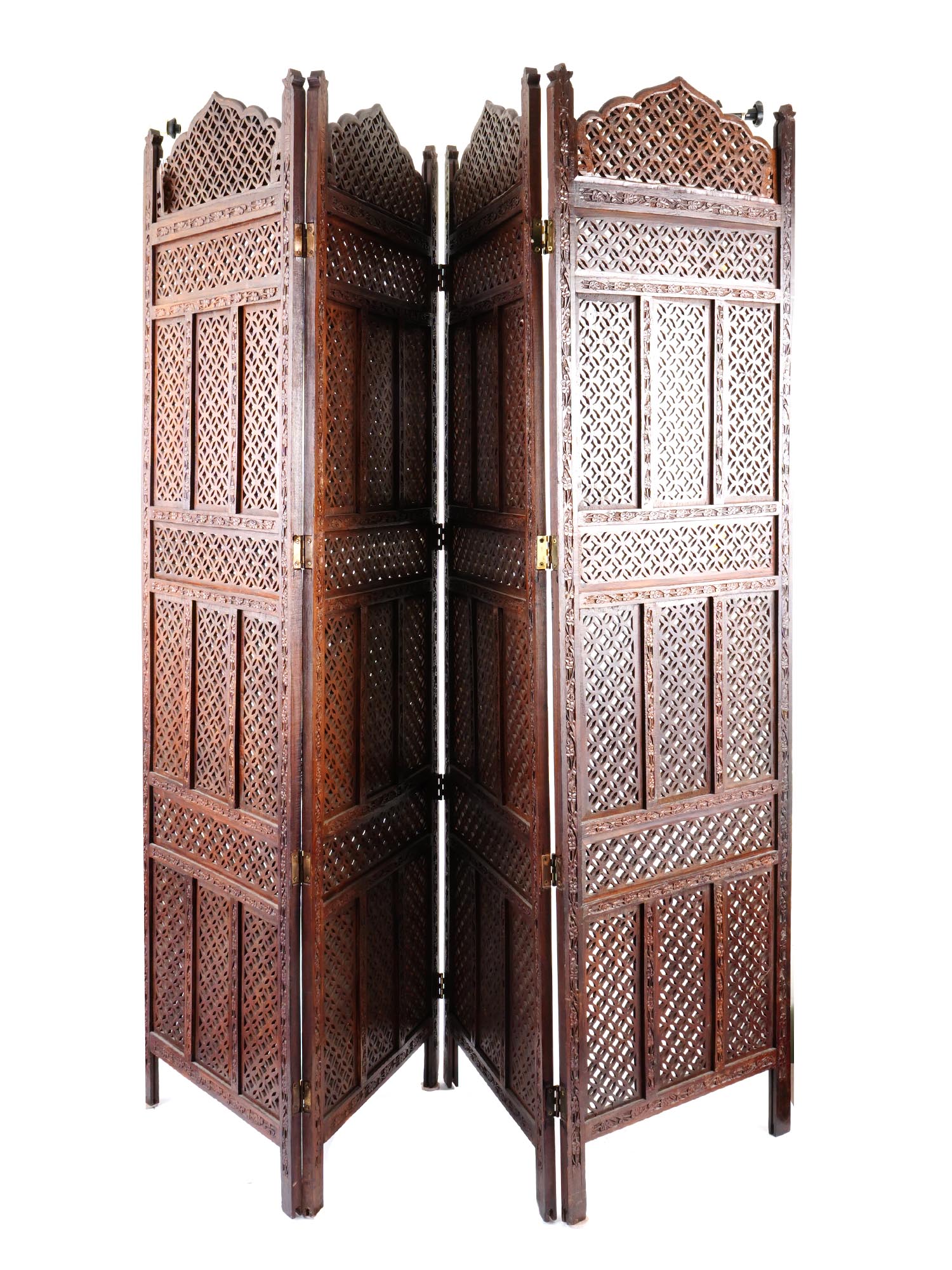 ANTIQUE FOUR PANEL WOOD CARVED ROOM DIVIDER PIC-0