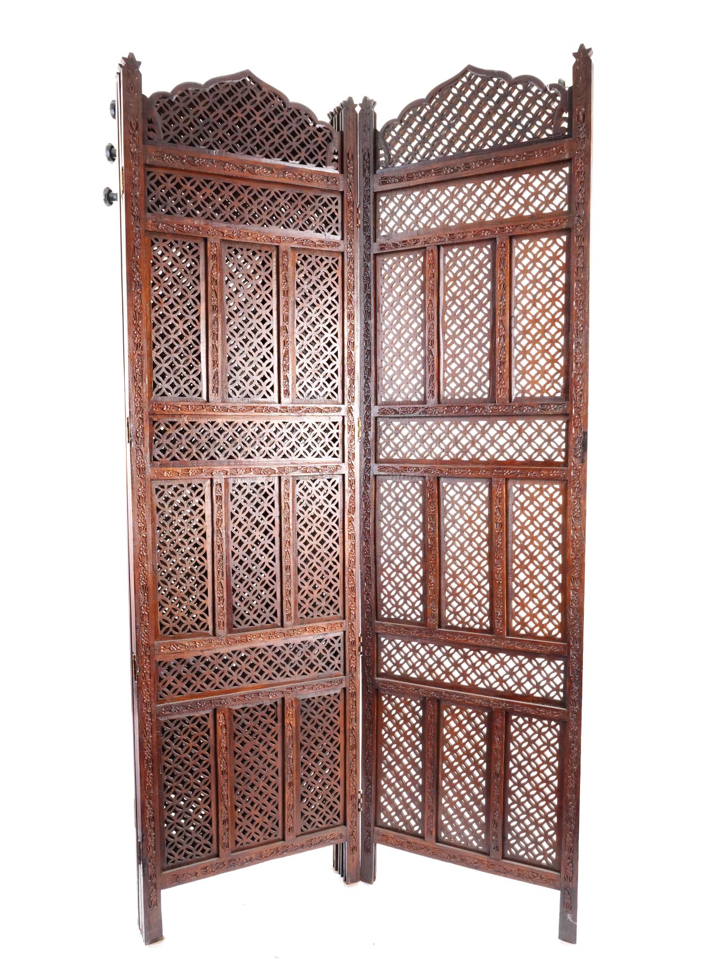 ANTIQUE FOUR PANEL WOOD CARVED ROOM DIVIDER PIC-1