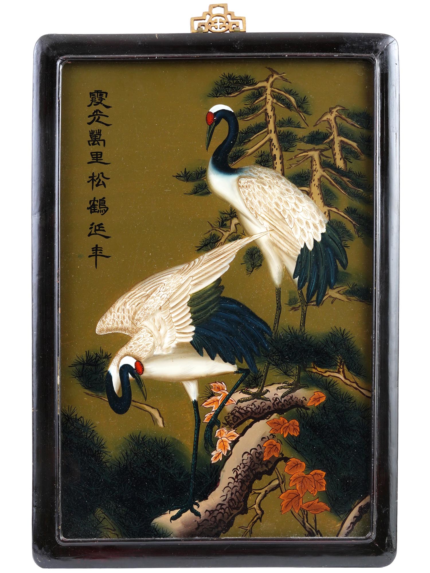 VINTAGE CHINESE REVERSE GLASS CRANE PAINTING PIC-0